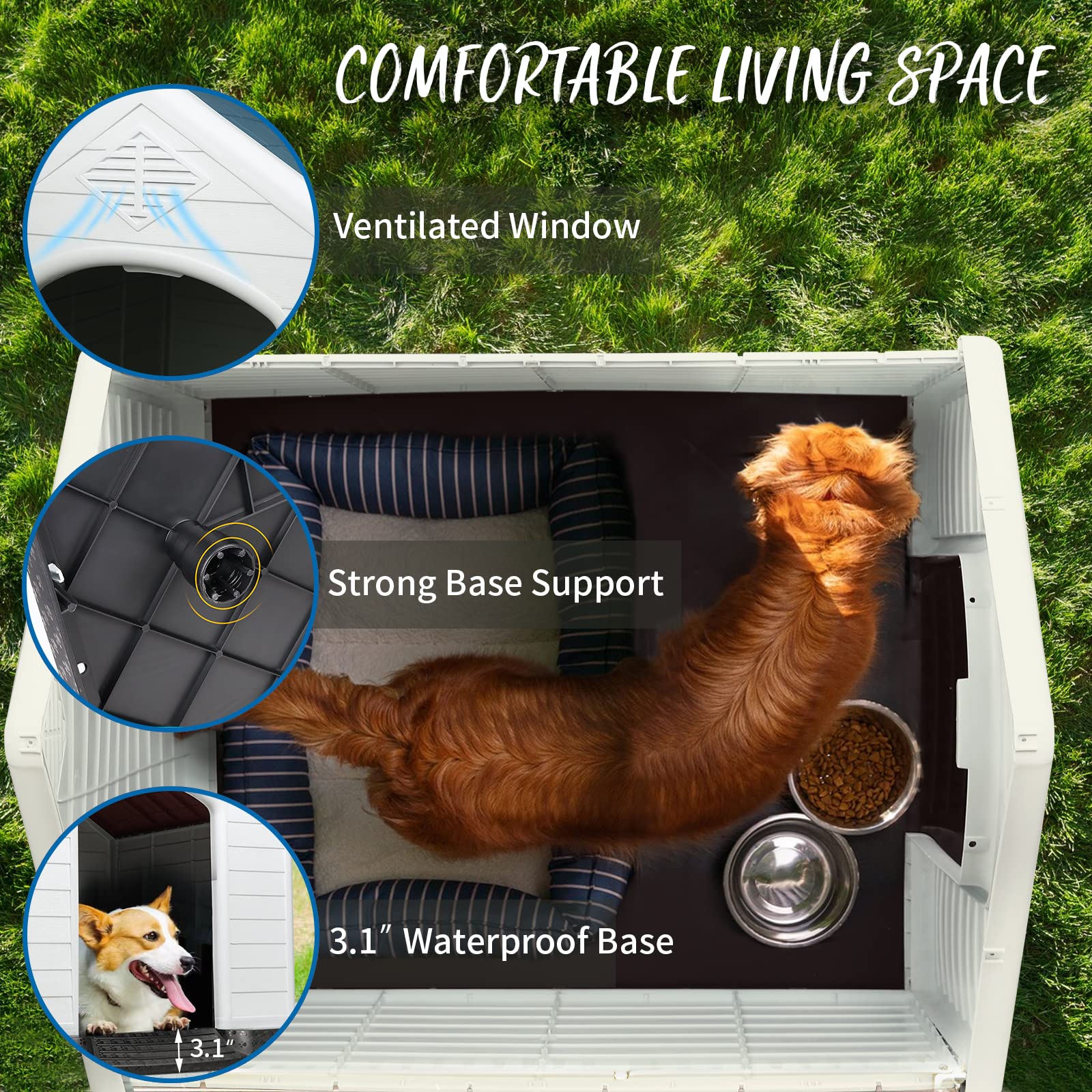 PUKAMI Plastic Dog House for Small Medium Large Dogs, Waterproof, Elevated Floor, Blue, 34inch, Model PUK01