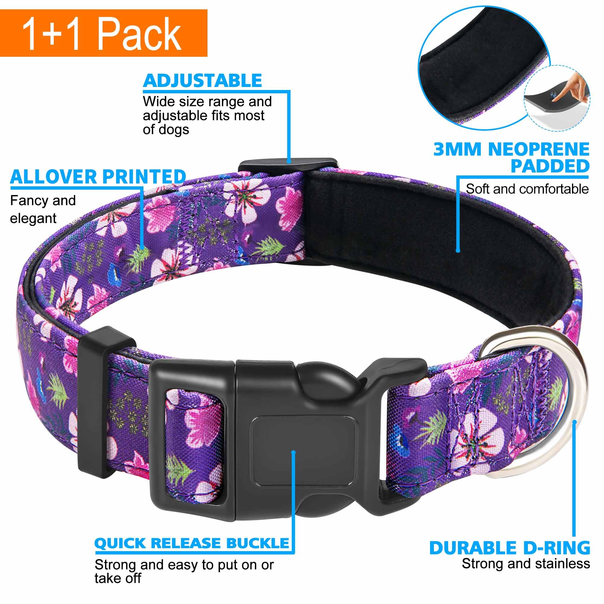 Ladoogo Reflective Dog Collar Padded With Soft Neoprene Breathable Adjustable Nylon Dog Collars For Small Medium Large Dogs (Medium (Pack Of 1), Purple/Pink Floral Collar+Leash)