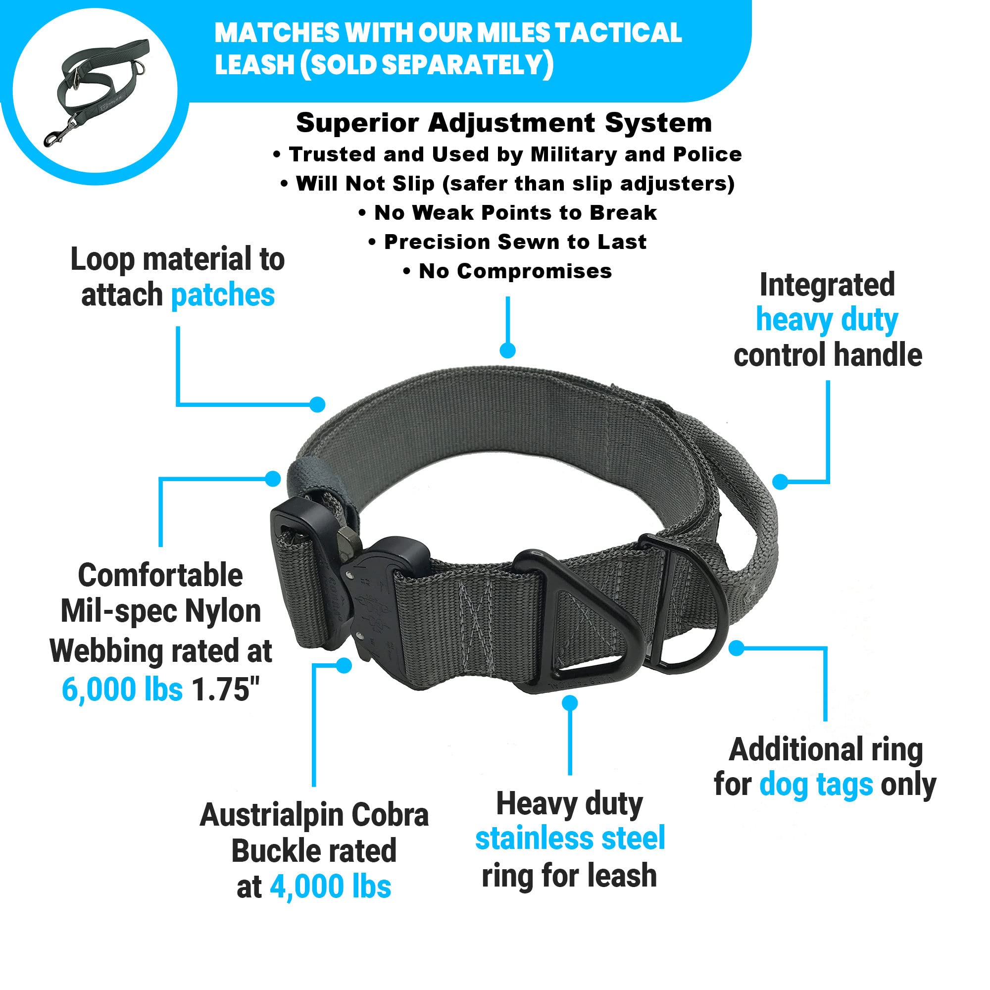 Miles Tactical Cobra Buckle Dog Collar Heavy Duty For Large Dogs K9 And Military Made In Usa (Large With Handle, Wolf Gray)