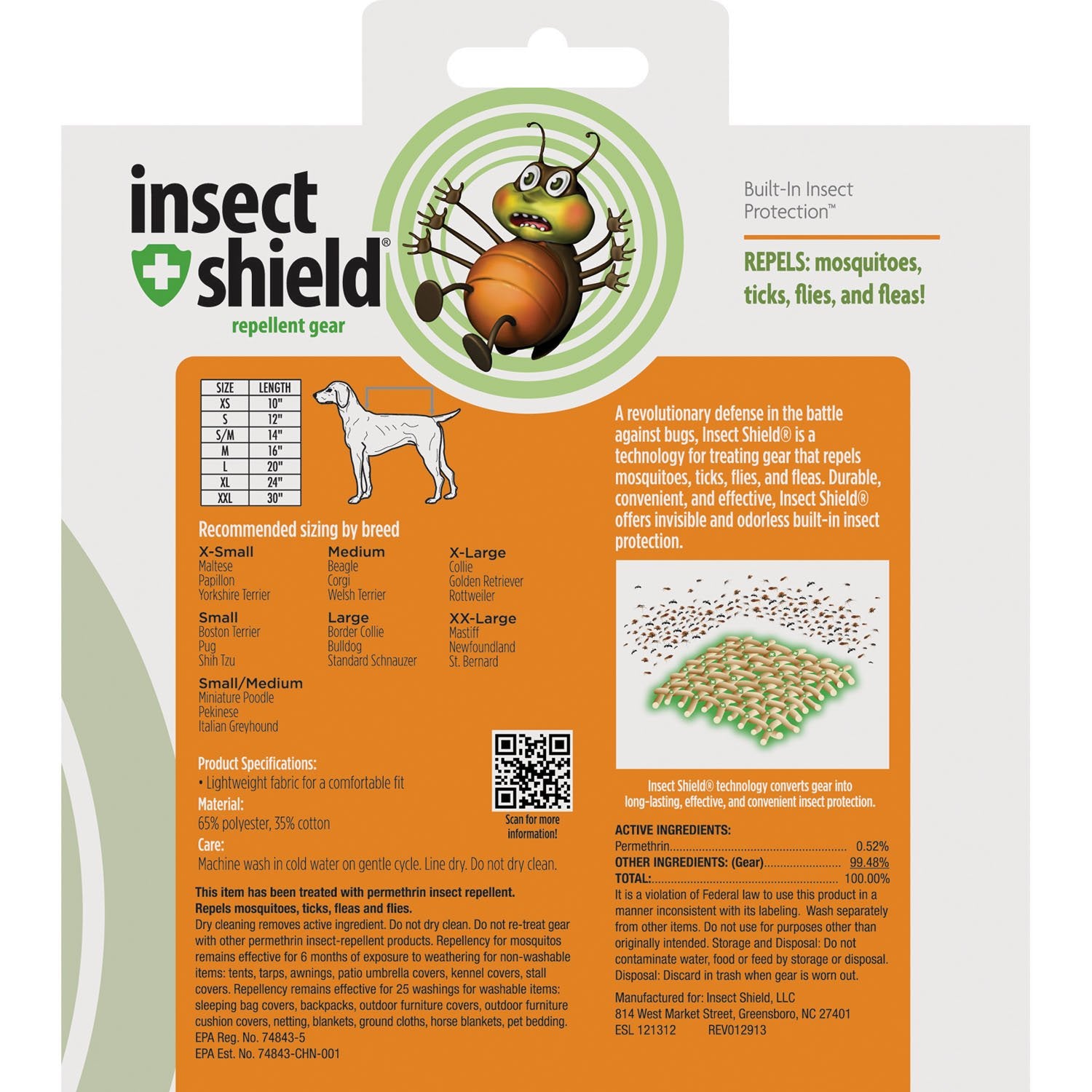 Insect Shield Insect Repellant Premium T-Shirt for Protecting Dogs from Fleas, Ticks, Mosquitoes, Orange, X-Small, 1 Count (Pack