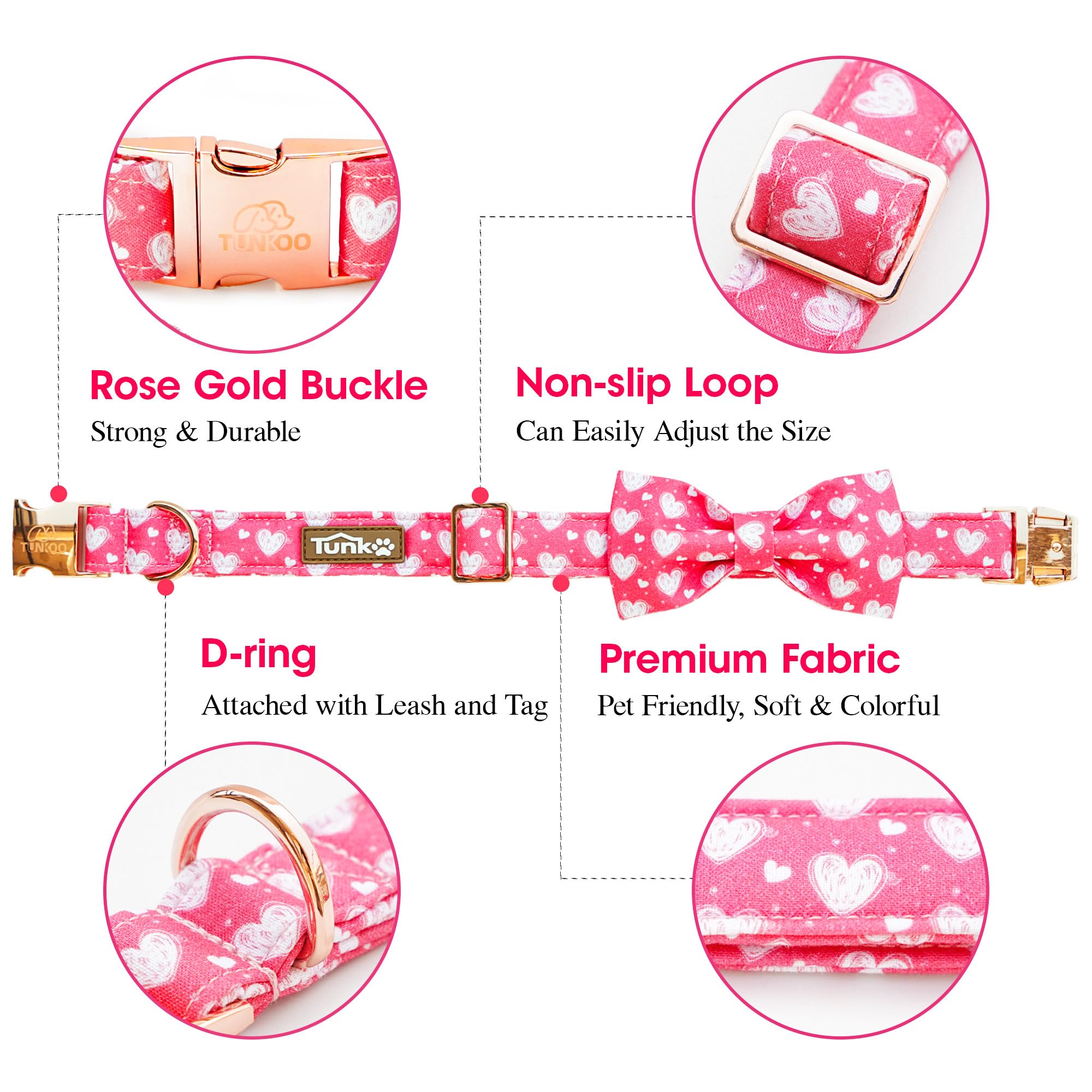 Tunkoo Valentine'S Day Pink Dog Collar With Cute Bow Tie Heart Print Design, Premium Metal Buckle Adjustable For Small Medium La