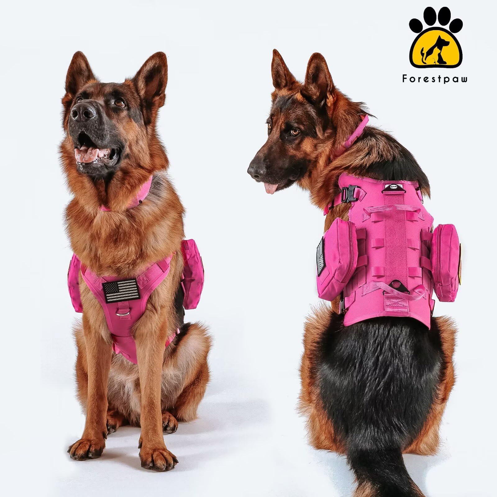 Forestpaw Pink Tactical Dog Harness For Large Dogs,Tactical Dog Collar With Bungee Leash Set,No Pull Military Dog Harness For Wa