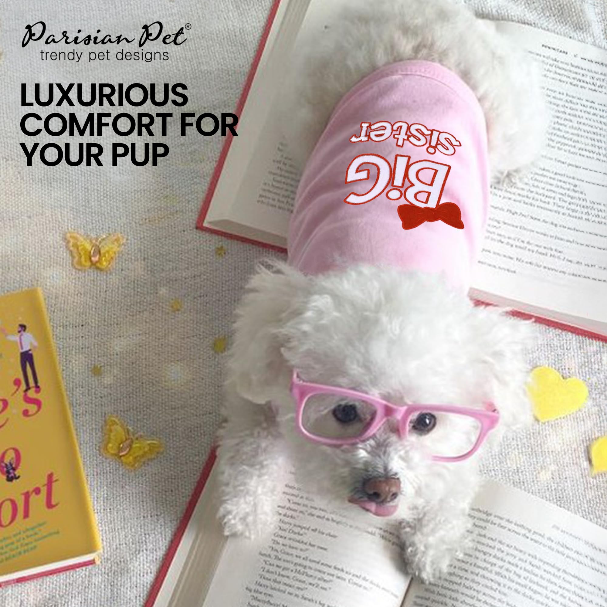 Parisian Pet Dog T-Shirt With Embroidered ' Big Sister ' - Breathable Big Sister Dog Shirt - Sleeveless Pet Vest - Machine Washable Pink Dog Shirts For Small Dogs, S