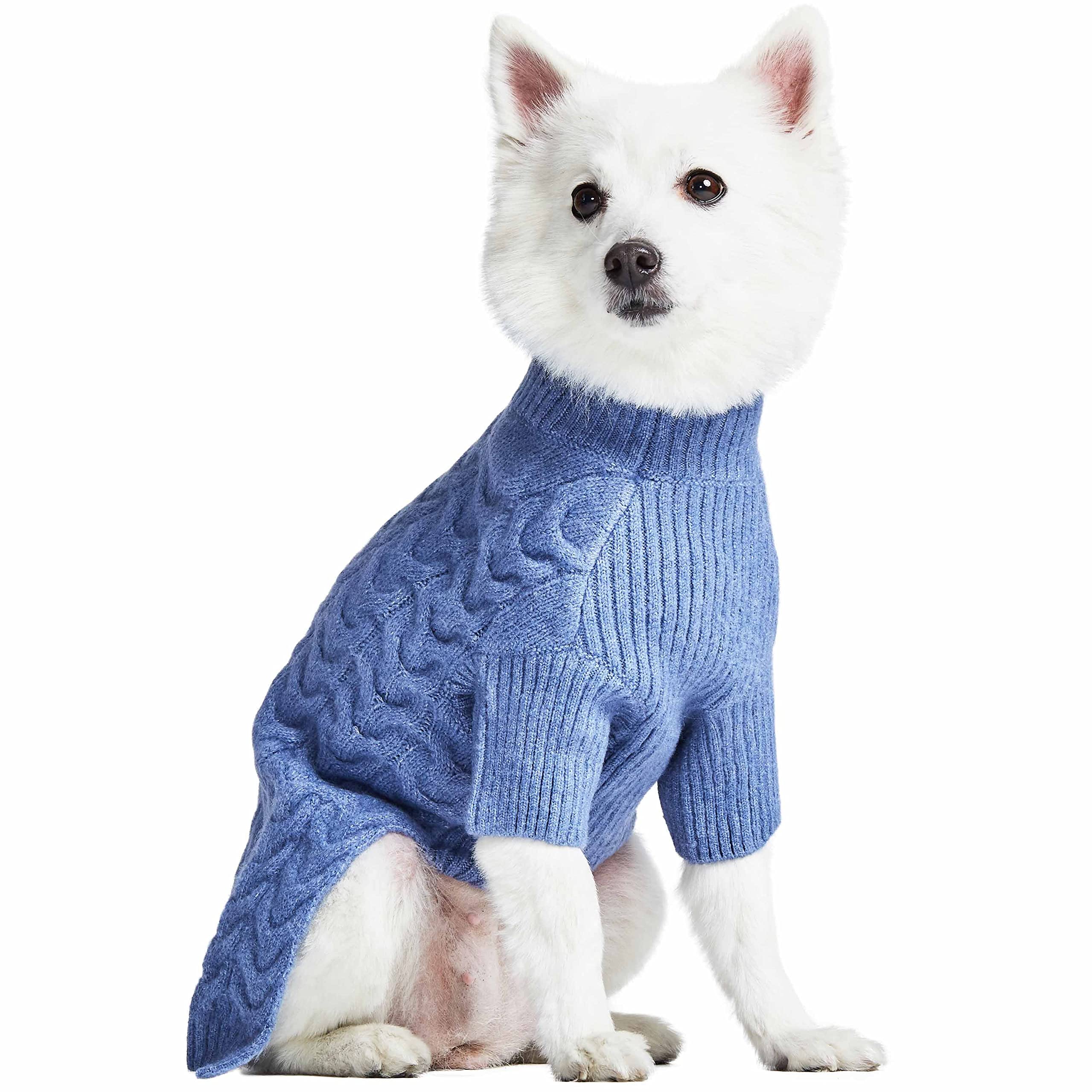 Blueberry Pet Classic Fuzzy Textured Knit Pullover Turtle-Neck Dog Sweater In Heather Blue, Back Length 20', Pack Of 1 Clothes For Dogs