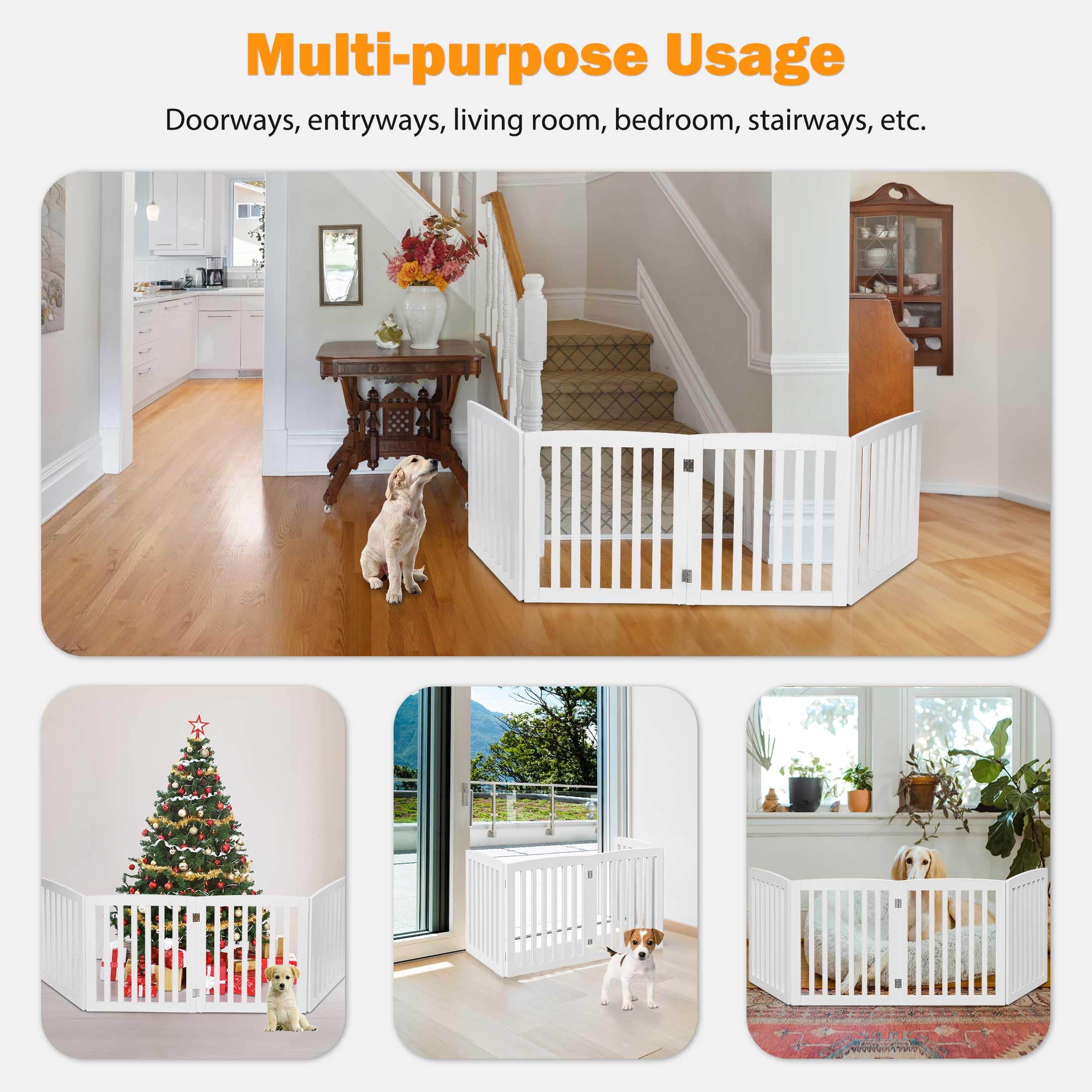 Epetlover Extra Wide Dog Gate 82 X 24 Inch Freestanding Indoor Pet Door For House Doorways Stairs Halls, Foldable Wood Safety Fence 4 Panels, White