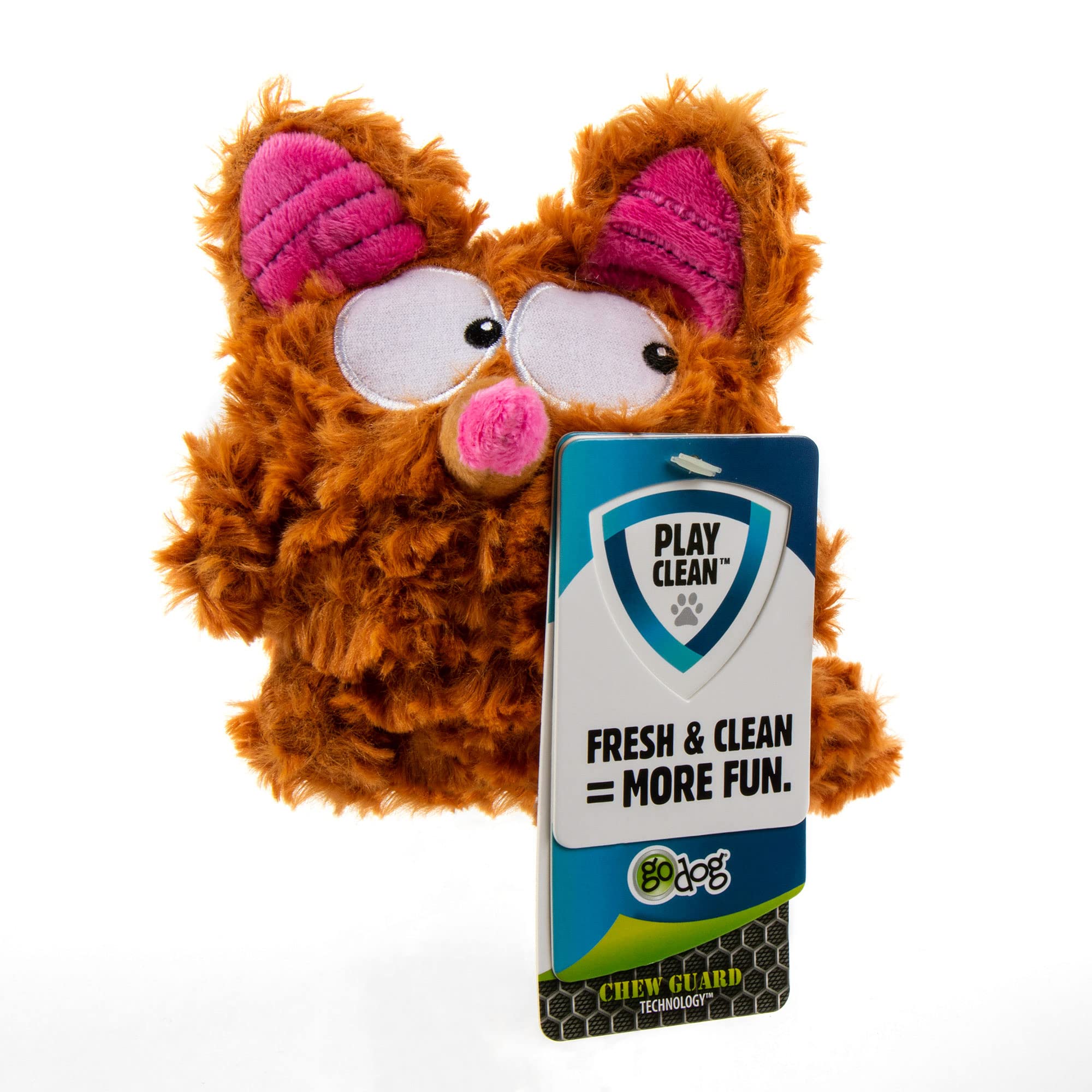 Godog Playclean Bush Squeaky Plush Dog Toy With Odor-Eliminating Essential Oils, Chew Guard Technology - Brown, Small