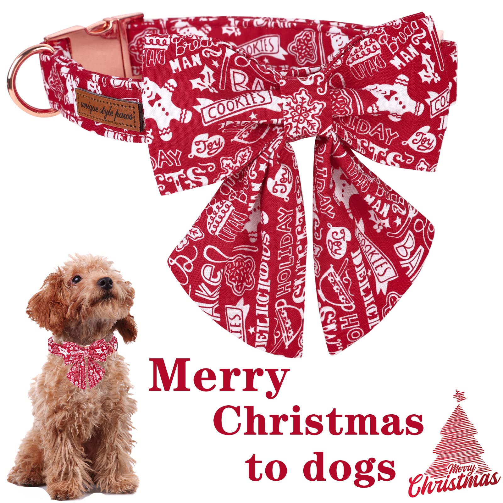 Unique Style Paws Christmas Dog Collar With Bow Tie Gingerbread & Snowman Winter Puppy Collar For Small Medium Large Dogs-Xs