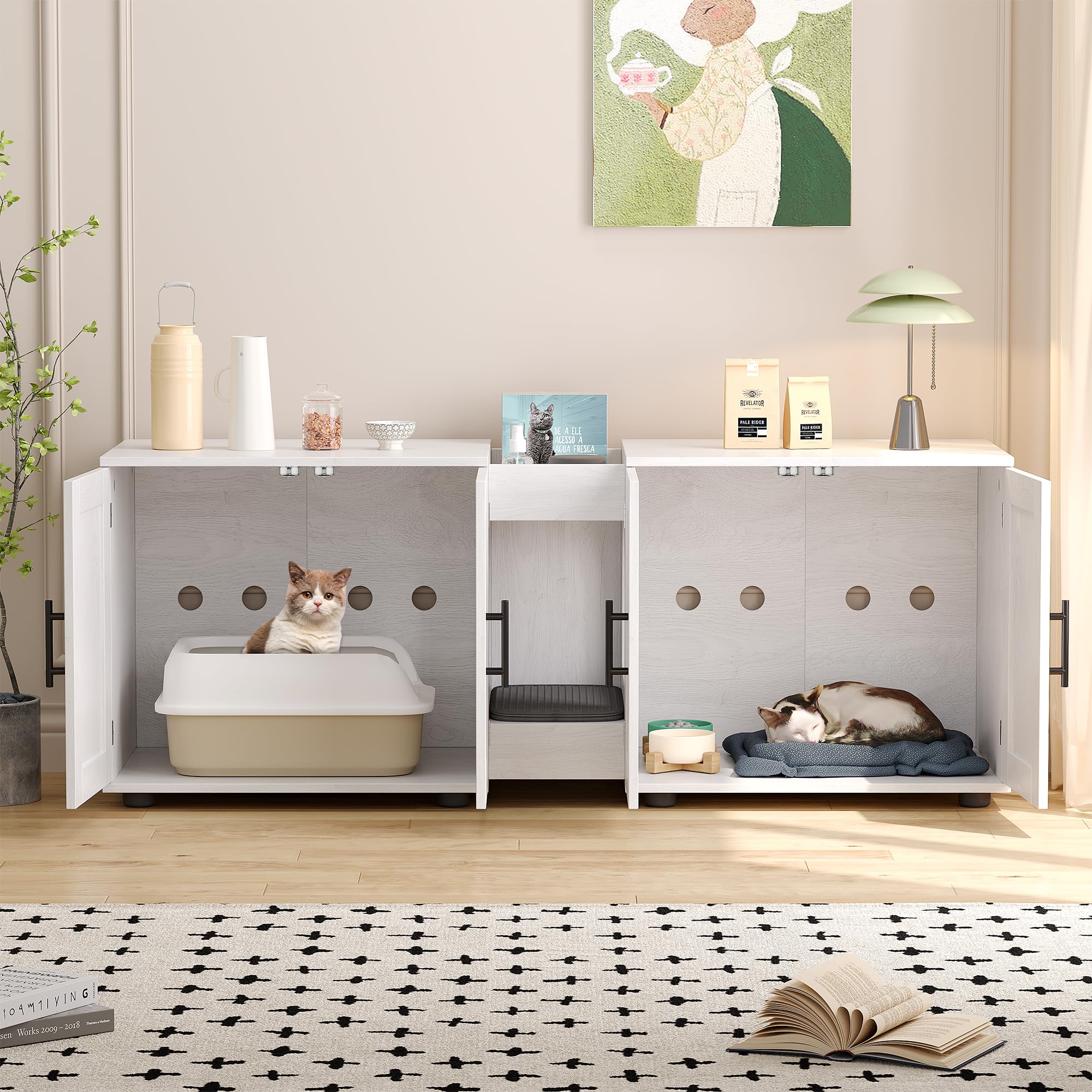 Gaomon Litter Box Enclosure With Double Cage, Cat House,Hidden Litter Box Enclosure Furniture For 2 Cats, Wooden Enclosed Cat Li