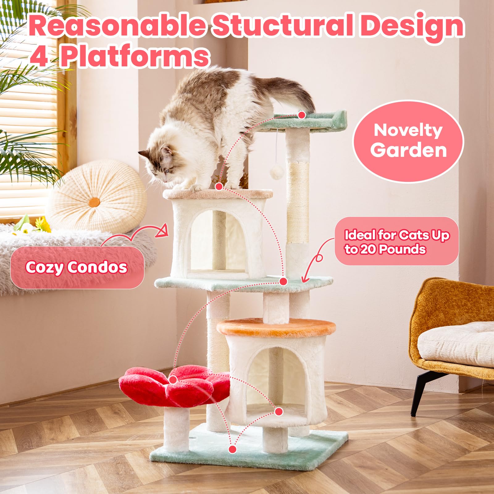 HYABI Flower Cat Tree Tower Condo - 42.7" Multi-Level Plush Habitat with Scratch Posts & Toy Ball for Indoor Cats, Model HB-22023