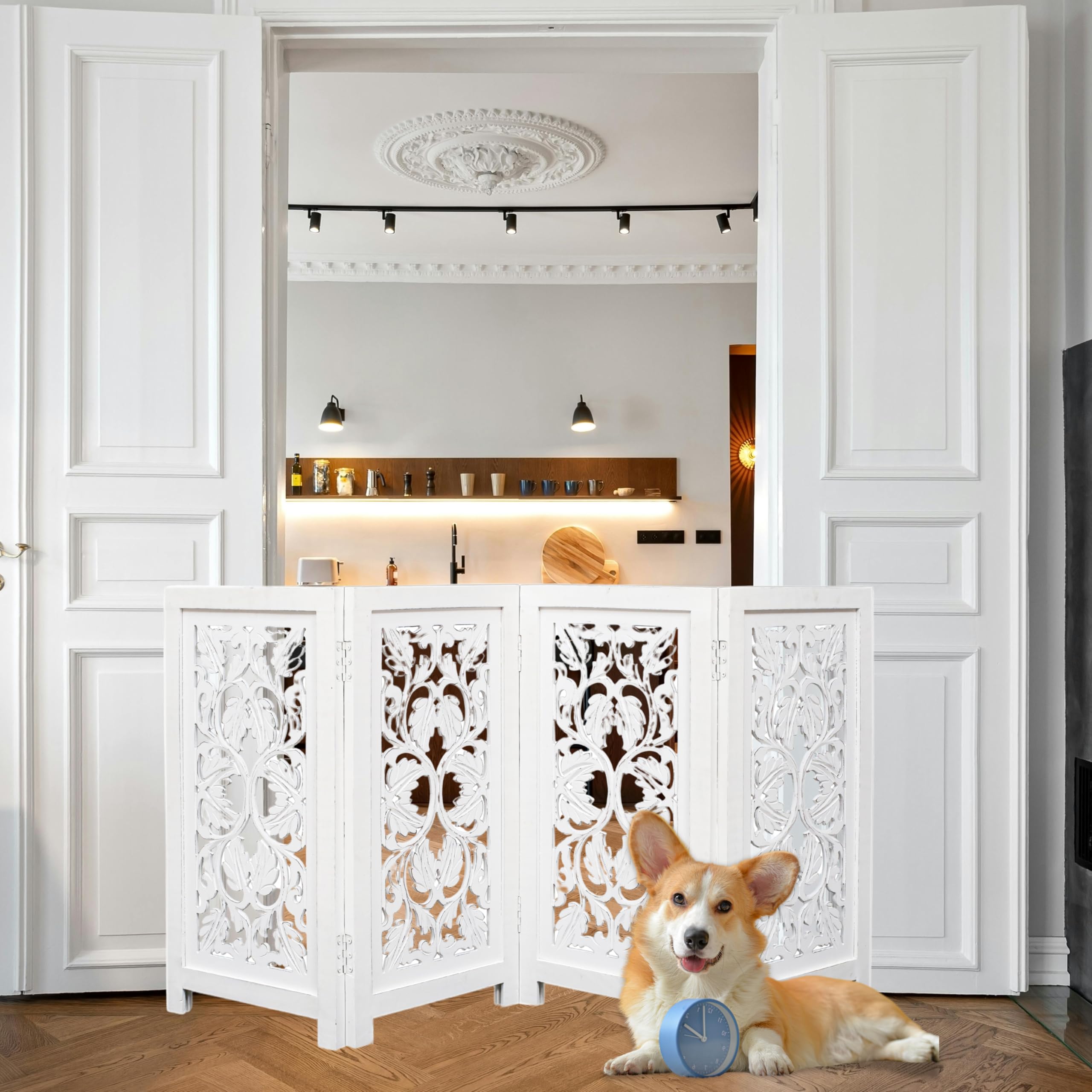 Pet Dog Safety Gate - 4 Panels 56 Wx28 H Leaf Wooden Foldable - Hand Carved Solid Wood And Mdf - Free Standing Portable Indoor