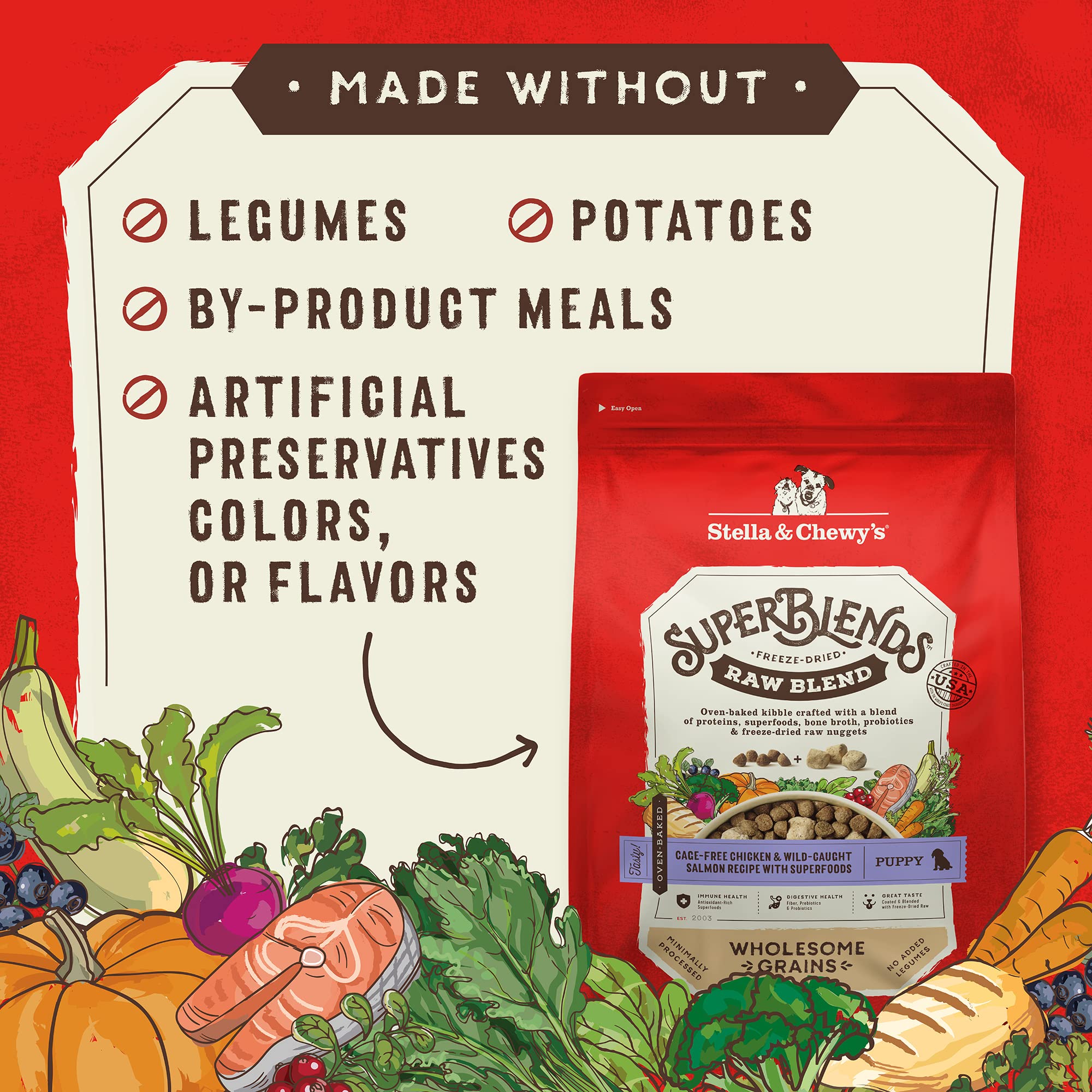 Stella & Chewys SuperBlends Raw Blend Wholesome Grains Puppy Cage-Free Chicken & Wild Caught Salmon Recipe with Superfoods, 3.2