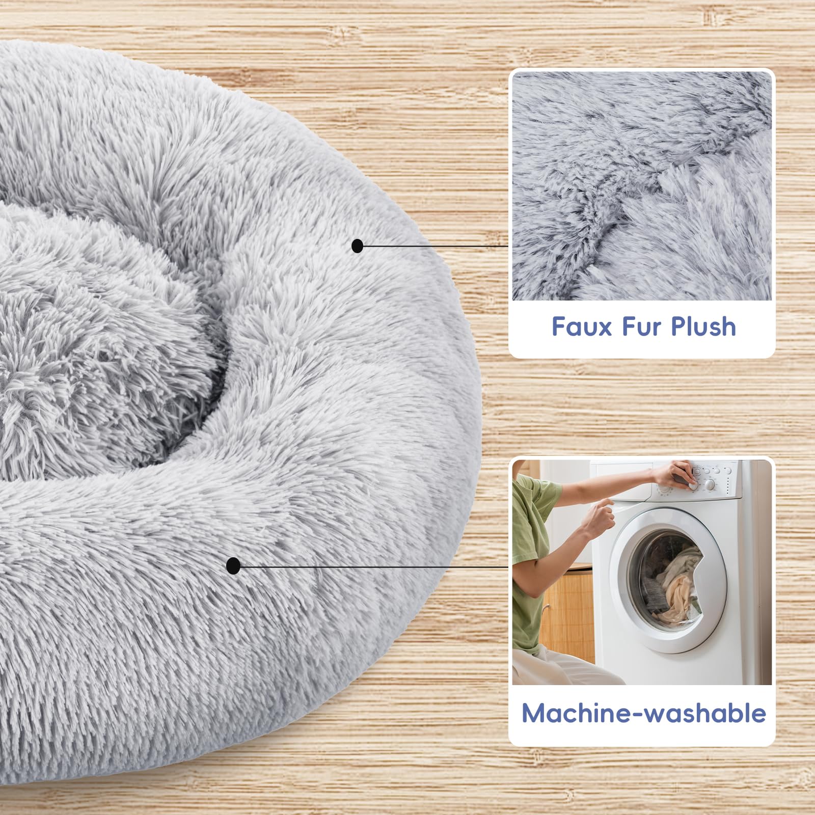 Fluffydream 30 Inch Donut Bed - Calming Dog Bed, Plush Washable, Grey