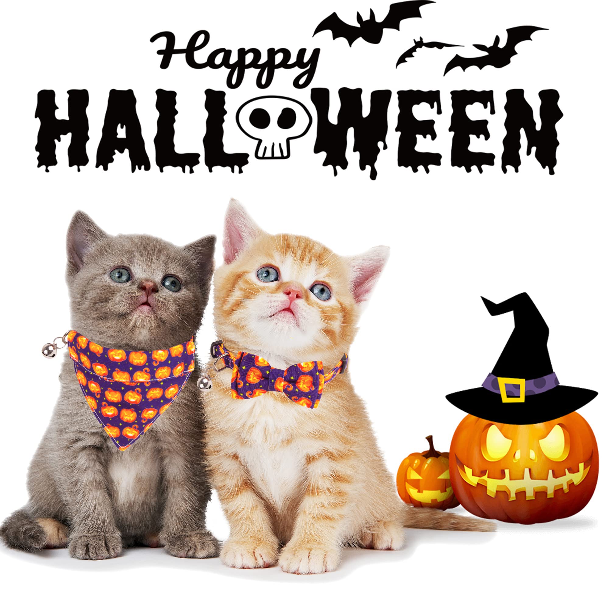 Adoggygo Halloween Cat Collar Breakaway With Removable Bowtie Bandana - 2 Pack Halloween Cat Bandana Collar Pumpkin Cat Kitten Collars Cat Halloween Bowtie Bandana Collar For Cat Kitten (Halloween)