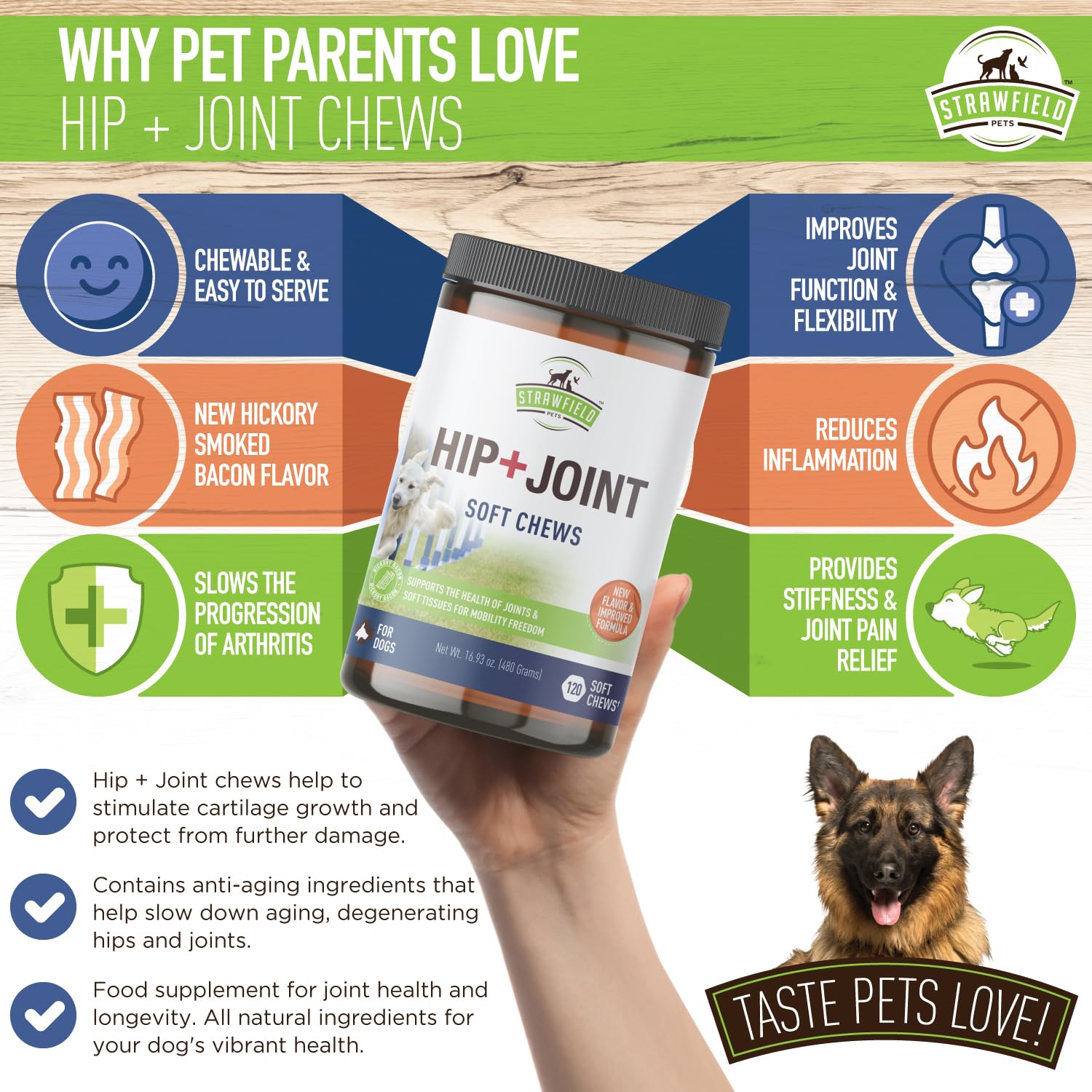 Strawfield Pets Hip + Joint Chews for Dogs Advanced Dog Joint Supplement with Glucosamine Tasty Healthy Mobility Treats Bacon Fl