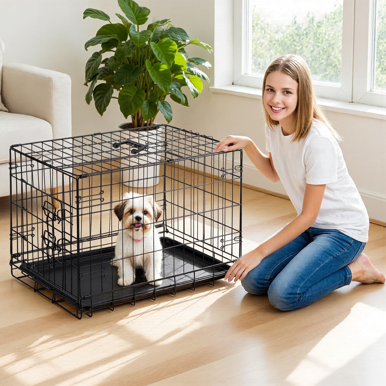 DUMOS Dog Crate - 30 Inch Metal Folding Kennel with Leak-Proof Tray, Black, Indoor/Outdoor Use, Model DOGS30IN