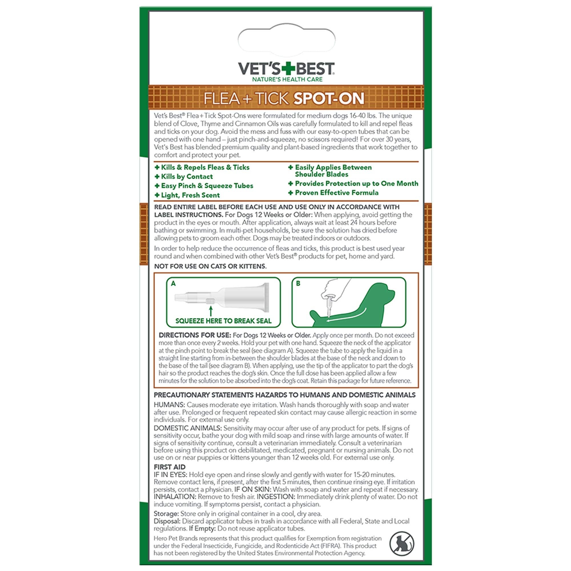 Vets Best Topical Flea & Tick Treatment for Dogs 16-40lbs, 4 Month Supply