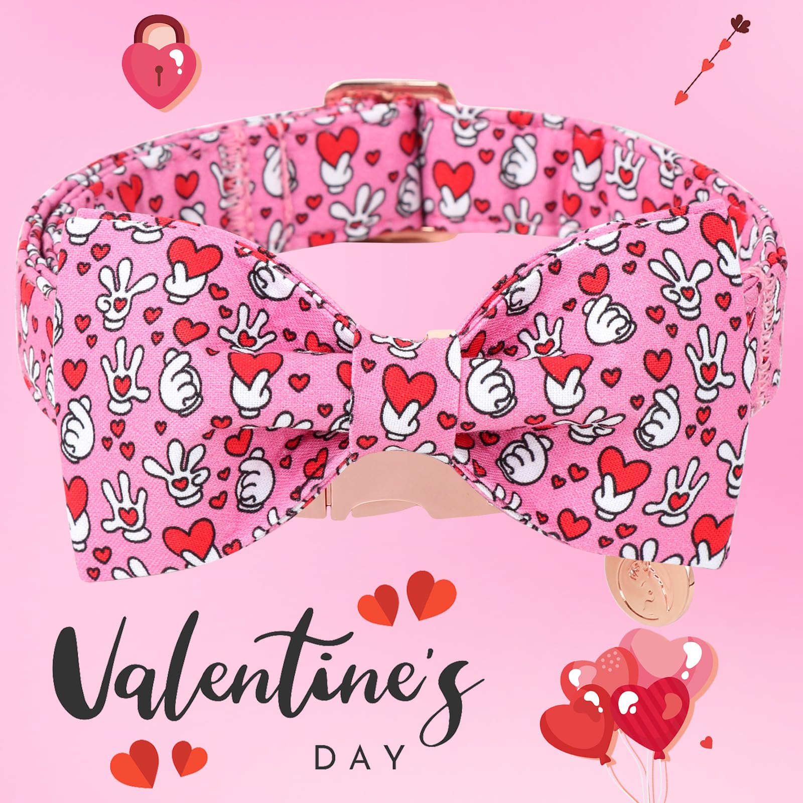Dogwong Valentine Dog Collar With Bow, Pink Heart, Medium, Cotton, Decorative, Small, Medium, Large Dog