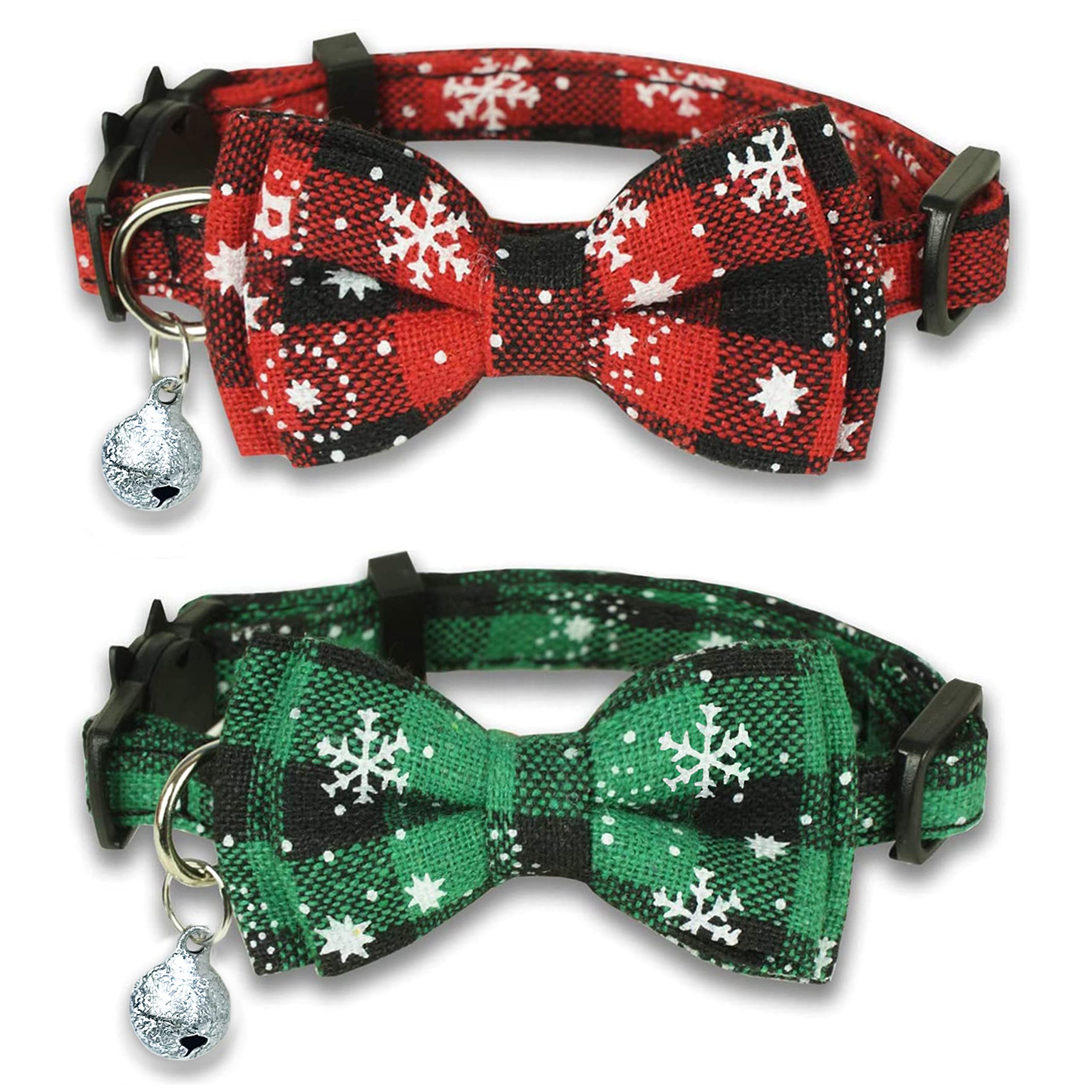 Pohshido 2 Pack Christmas Cat Collar With Movable Bowtie, Holiday Cat Bowtie Plaid Patterns, Breakaway Buckle Safety Kitty Kitten Collar With Bell, Adjustable Pet Collar For Cats And Puppies