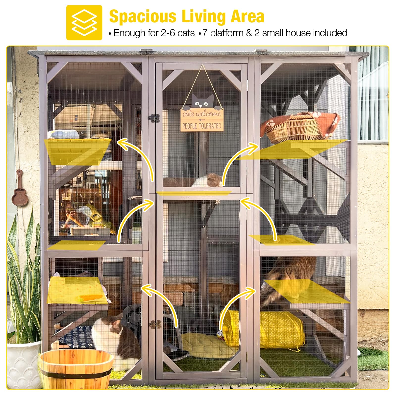 Aivituvin Cat House Outdoor Catio Kitty Enclosure With Super Large Enter Door,Wooden Cat Cage Condo Indoor Playpen With Platforms,Small House 71 Inch