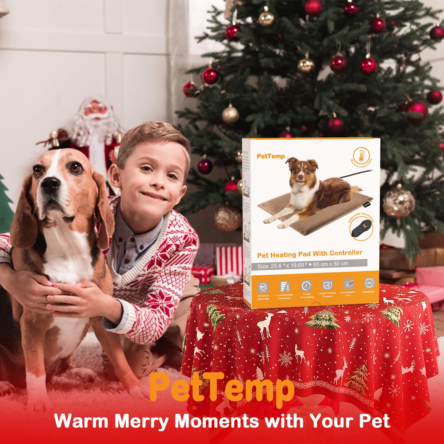 PetTemp Heated Pet Pad - 5 Adjustable Temps, Timer, Waterproof, L:26'' x 20'', Chew-Resistant, Model TT104-2, White