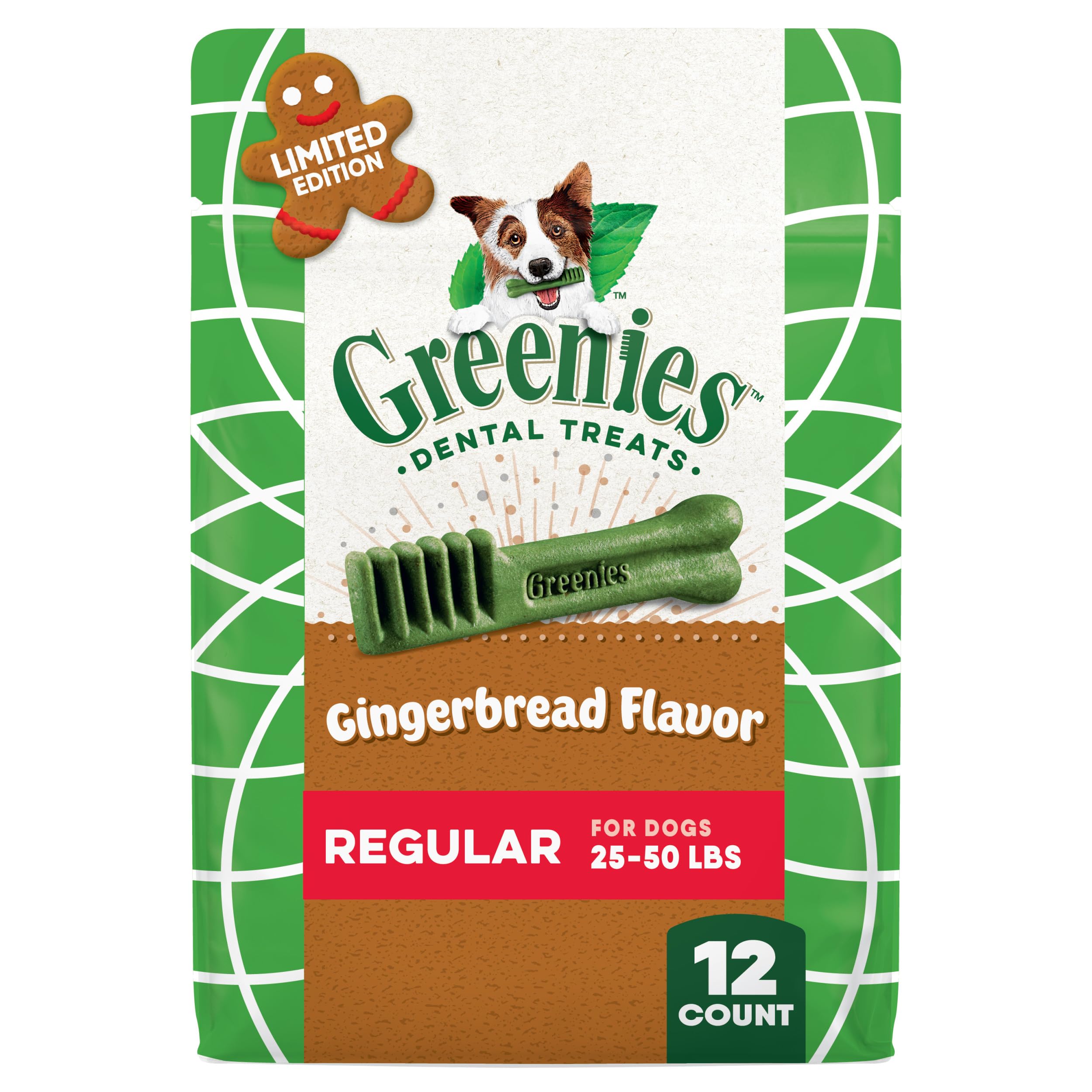 Greenies Regular Dental Dog Treats, Gingerbread Flavor, Limited Edition, 12 oz. Pack (12 Treats)