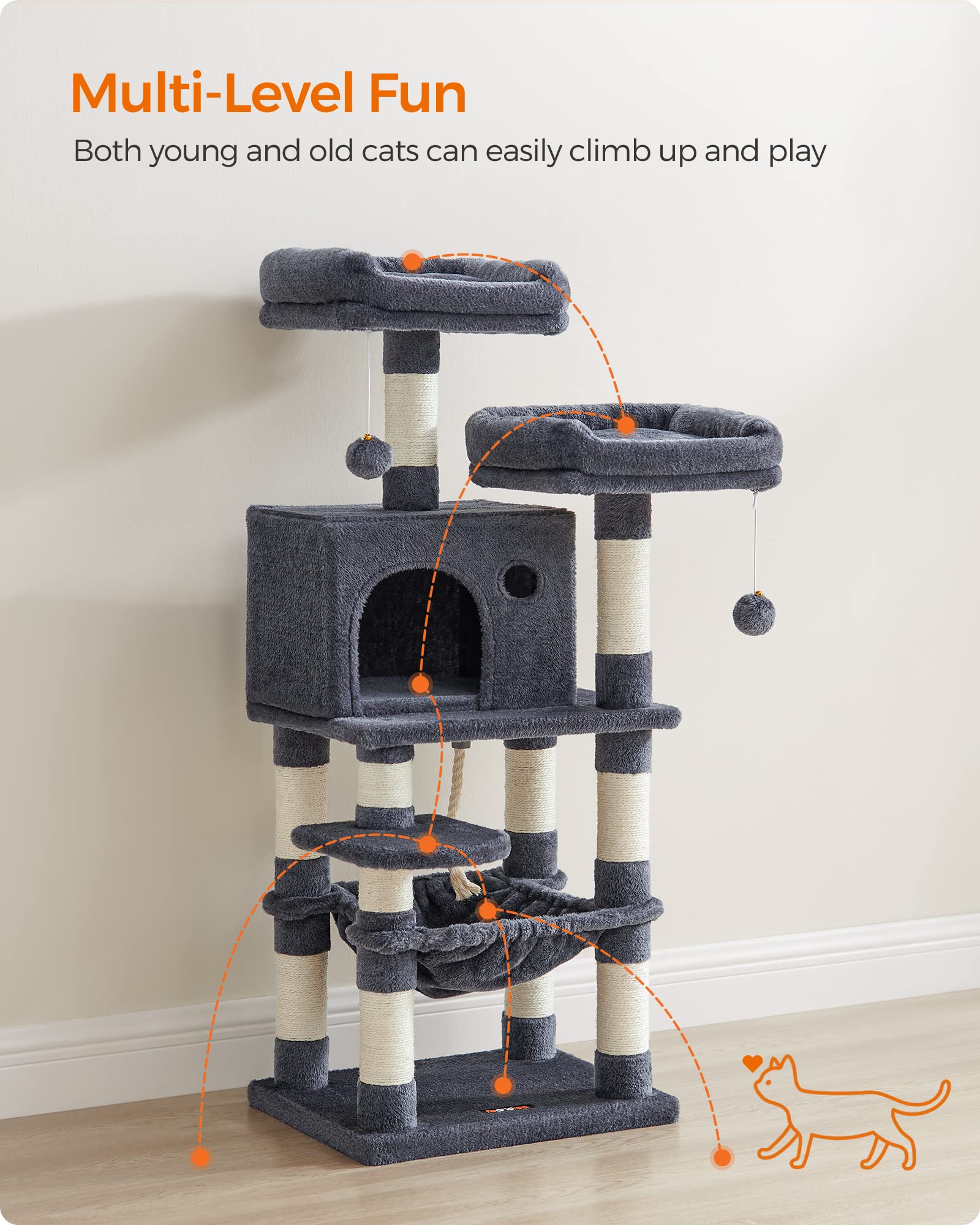 Feandrea Cat Tree, 44.1-Inch Cat Tower For Indoor Cats, Multi-Level Cat Condo With 11 Scratching Posts, 2 Perches, Cave, Hammock