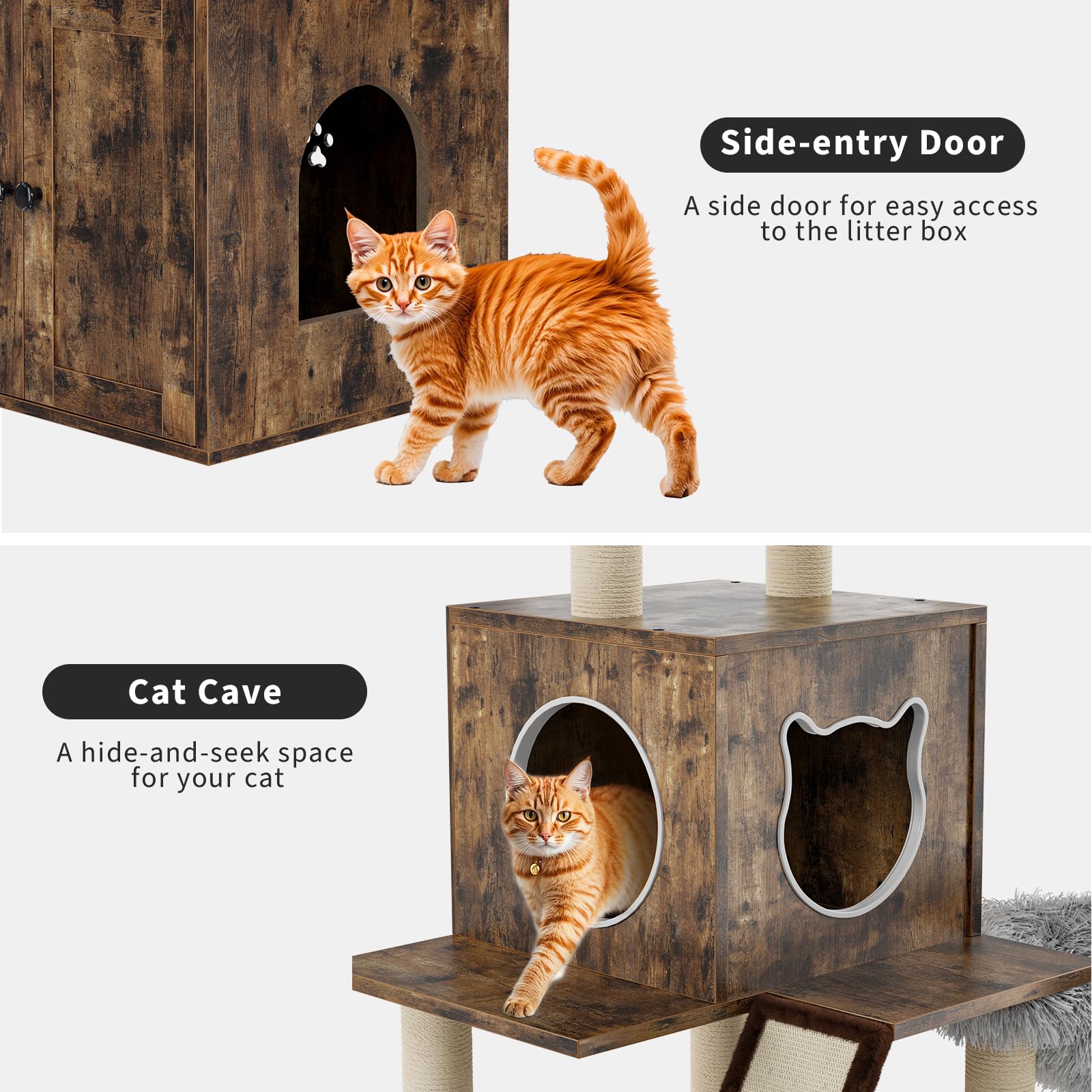 Litter Box Enclosure with Cat Tree Tower and Condo, Hidden Cat Washroom Furniture with Sisal Scratching Post & Soft Plush Perch,