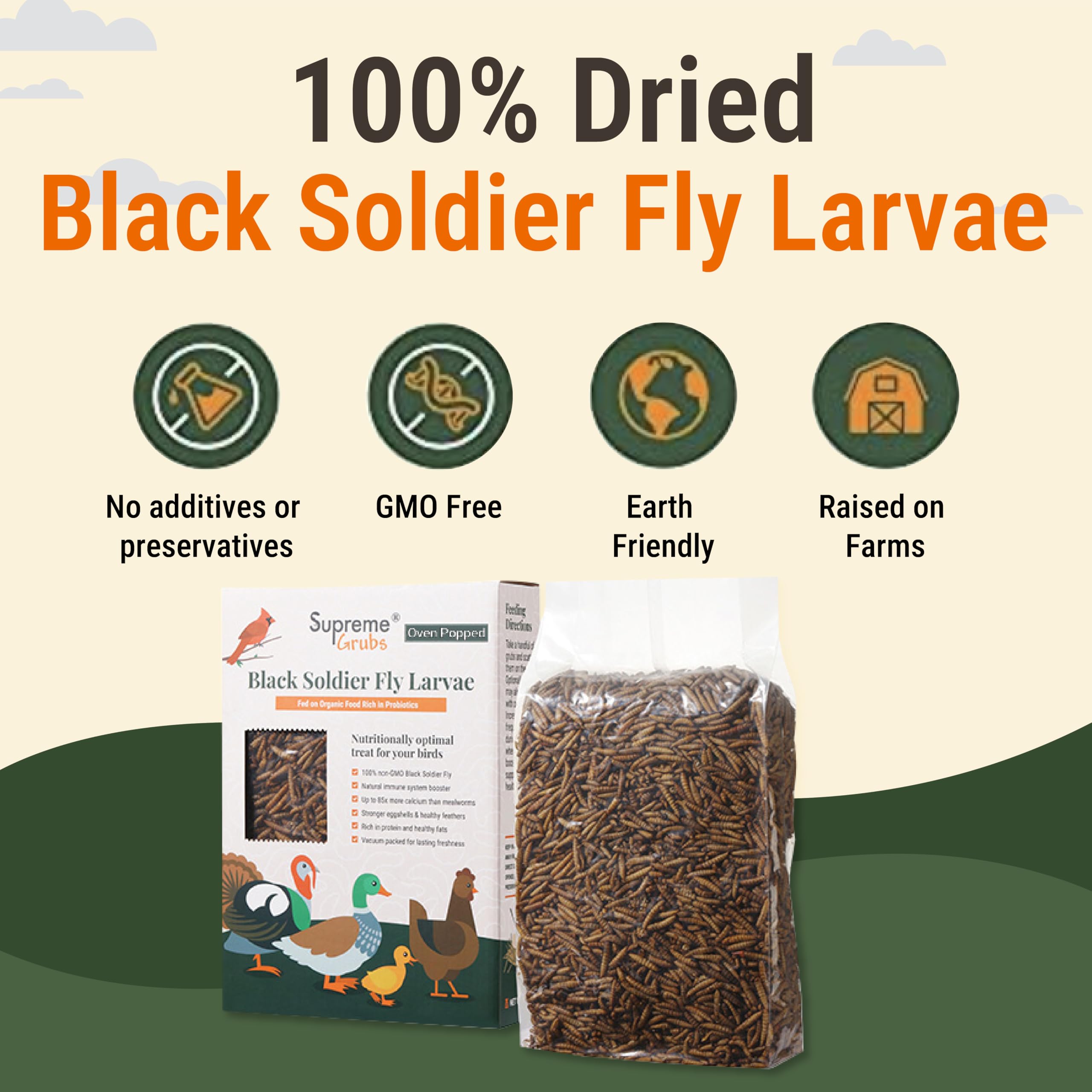 Supreme Grubs Natural Black Soldier Fly Larvae for Chickens, 85X More Calcium Than Mealworms-High Protein Grub Food Chicken Trea