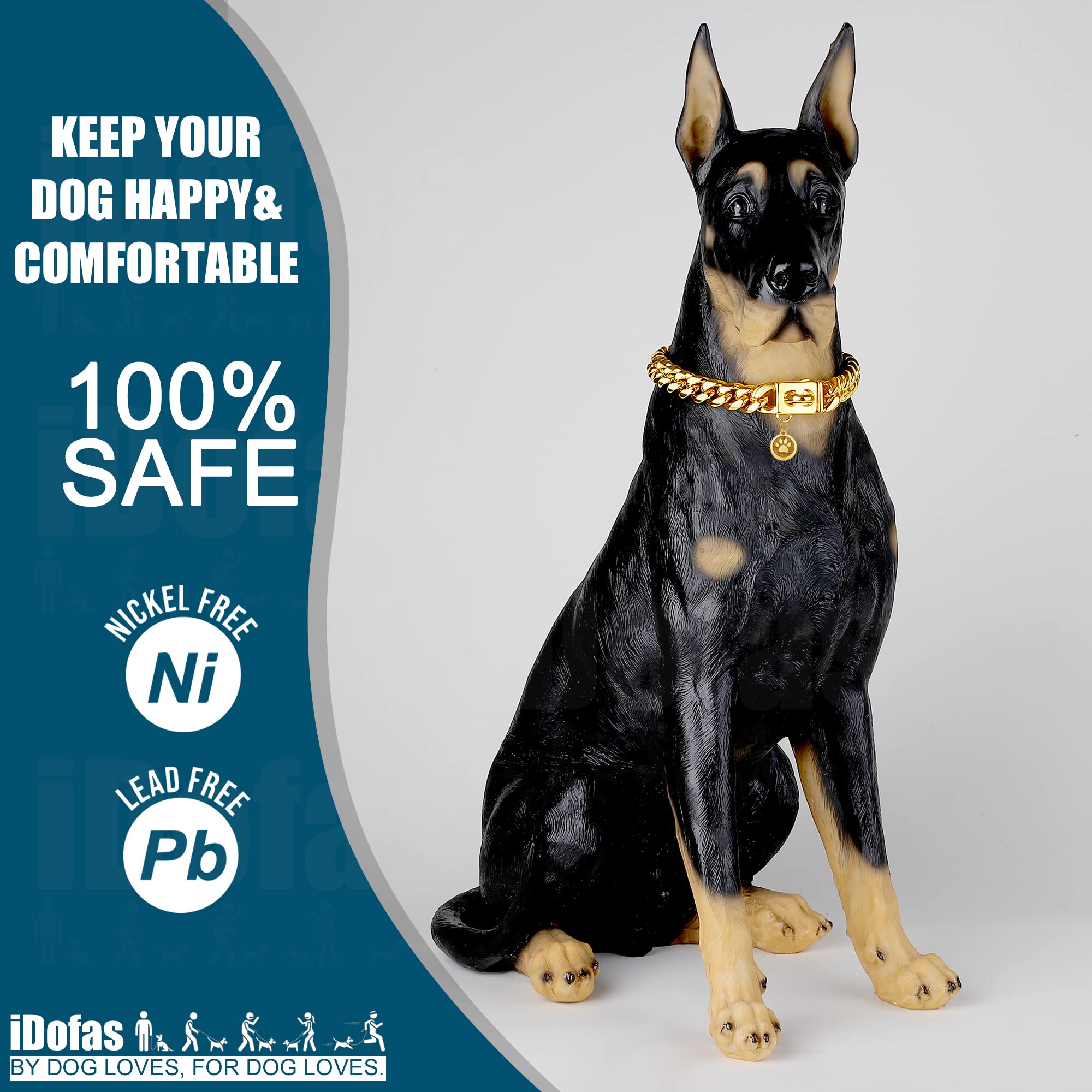 Idofas Dog Chain Collars Cuban Link Dog Collar Design Buckle With Bell & Dog Tag Stainless Steel Metal 10Mm Gold Silver Dog Coll