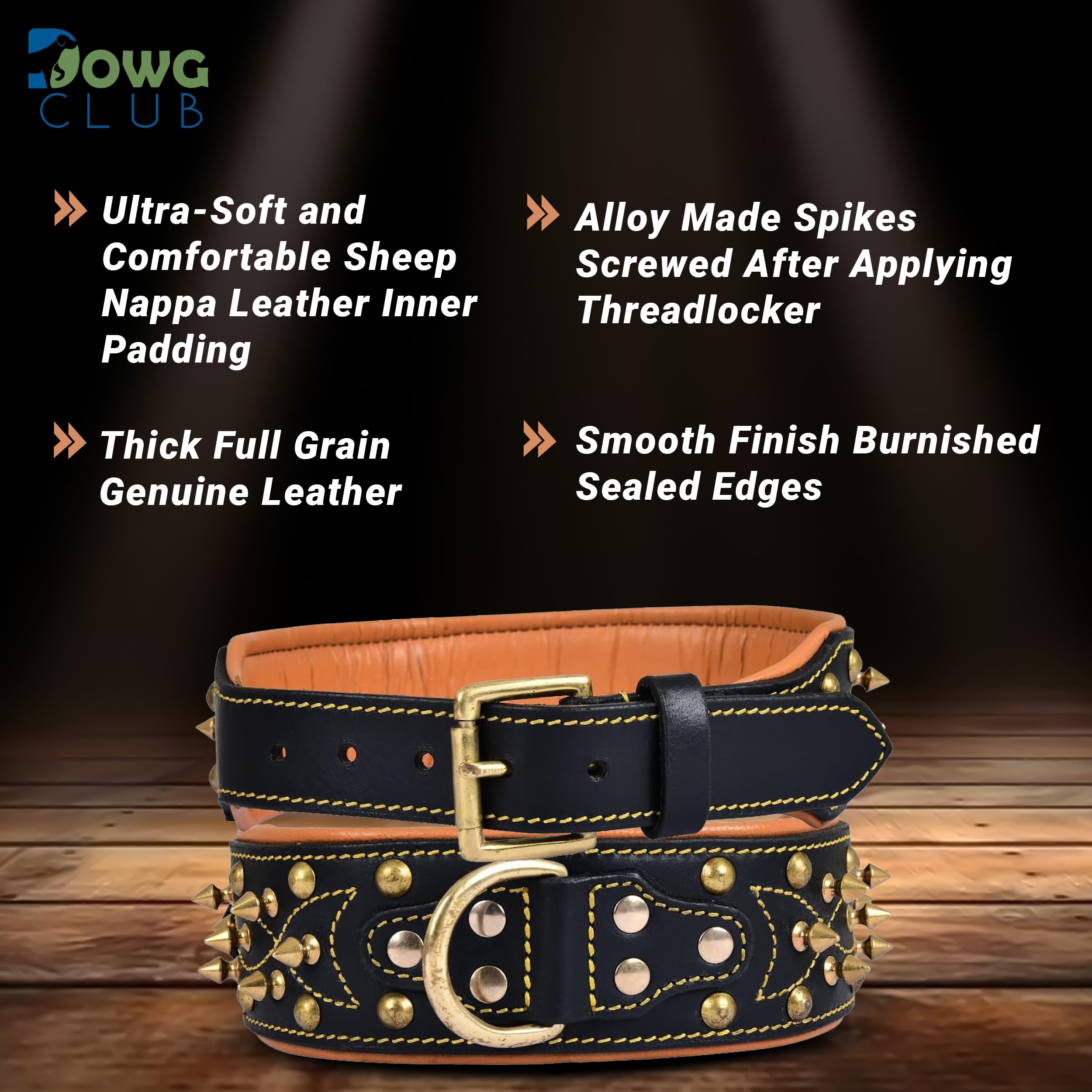 Dowgclub | Genuine Leather Spike Dog Collar | Western Style, Full Grain, Heavy Duty | Padded, Comfortable, Strong, Best For Medi
