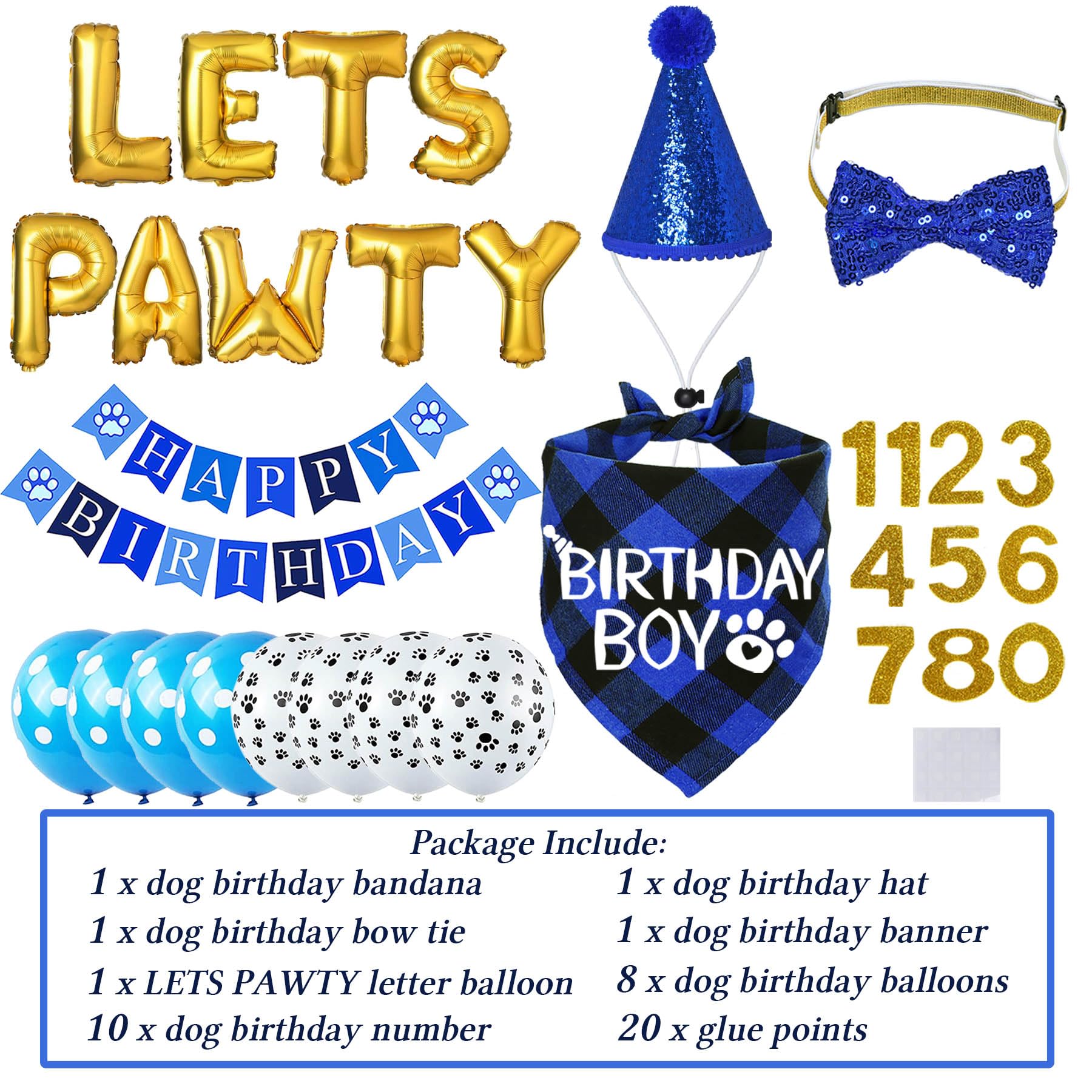 Stmk Dog Bandana & Boy Dog Hat Set With Numbers Bow Tie Birthday Banner, 'Let'S Pawty' Balloons - X-Large, Blue