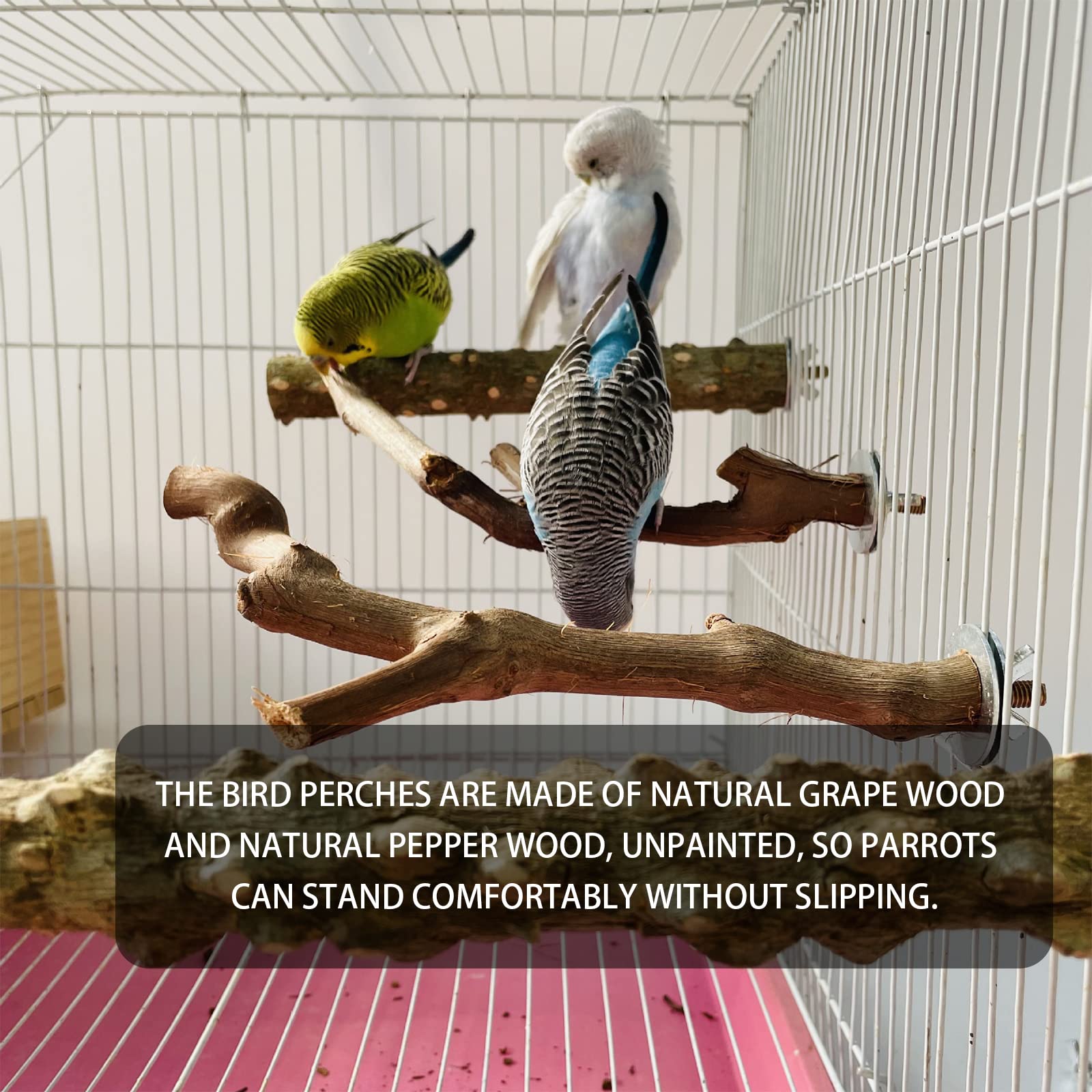5Pcs Bird Perch Stand Natural Wooden Parrot Stand Branch, 3 Grape Wood Perch, 2 Stand, Paw Grinding Fork Parakeet Chewing Stick