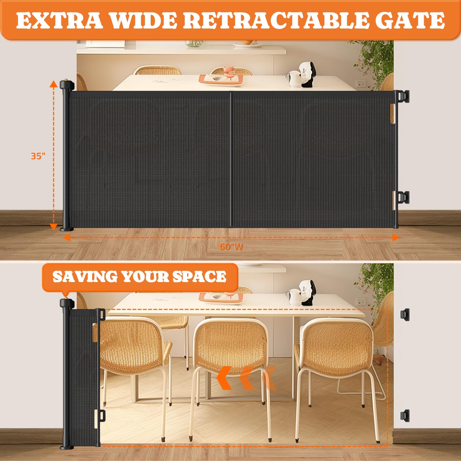 Upgrade Retractable Baby Gates, 35 Tall Extends up to 60 Wide, Mesh Dog Gate Indoor for Stairs, Outdoor Reinforced Pet Gate with