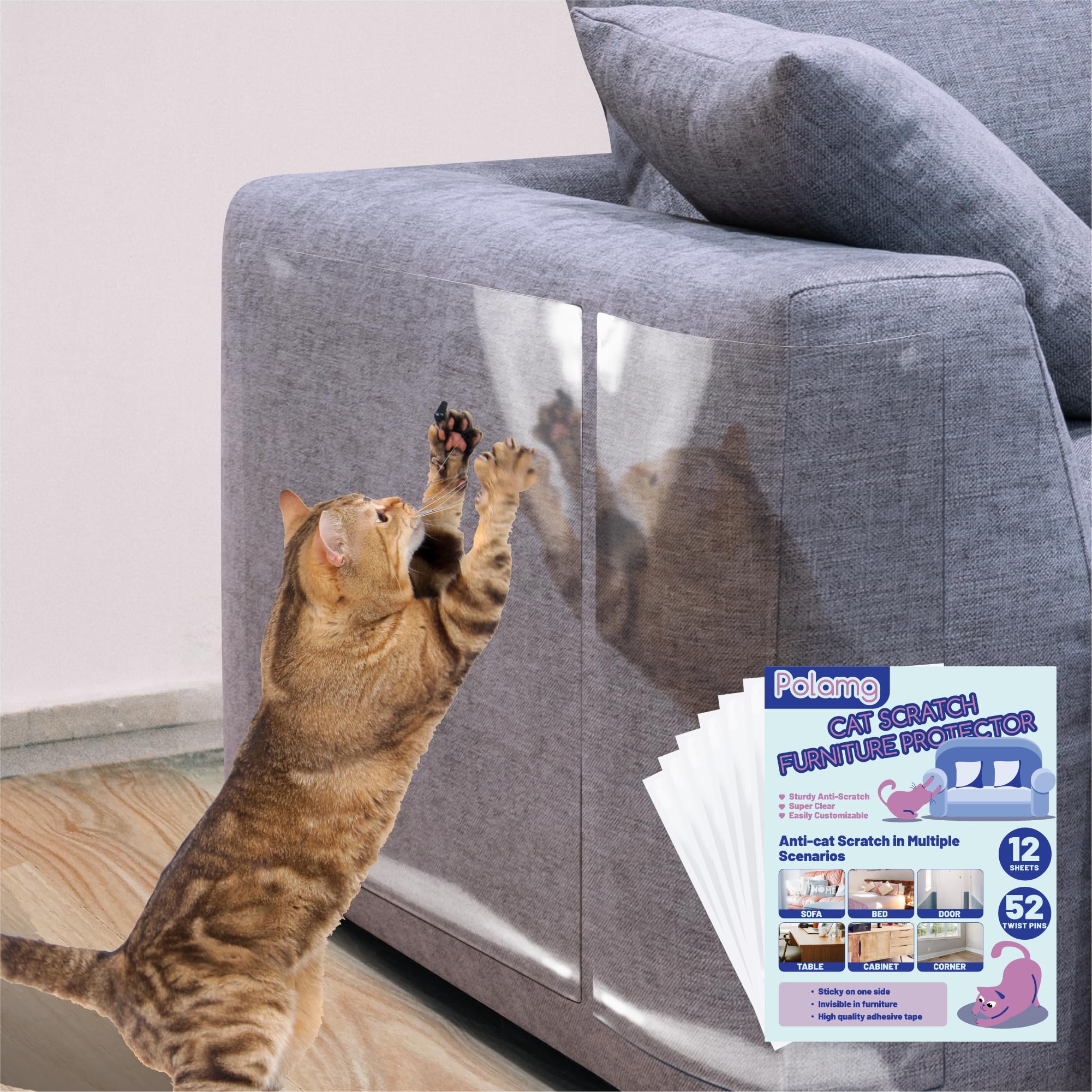Anti Cat Scratch Furniture Protector-12 Pack Single Side Couch Protector For Cats, Self-Adhesive Cat Tape For Furniture, Clear Cat Scratch Deterrent For Furniture Door Walls (12P+52 Pins)