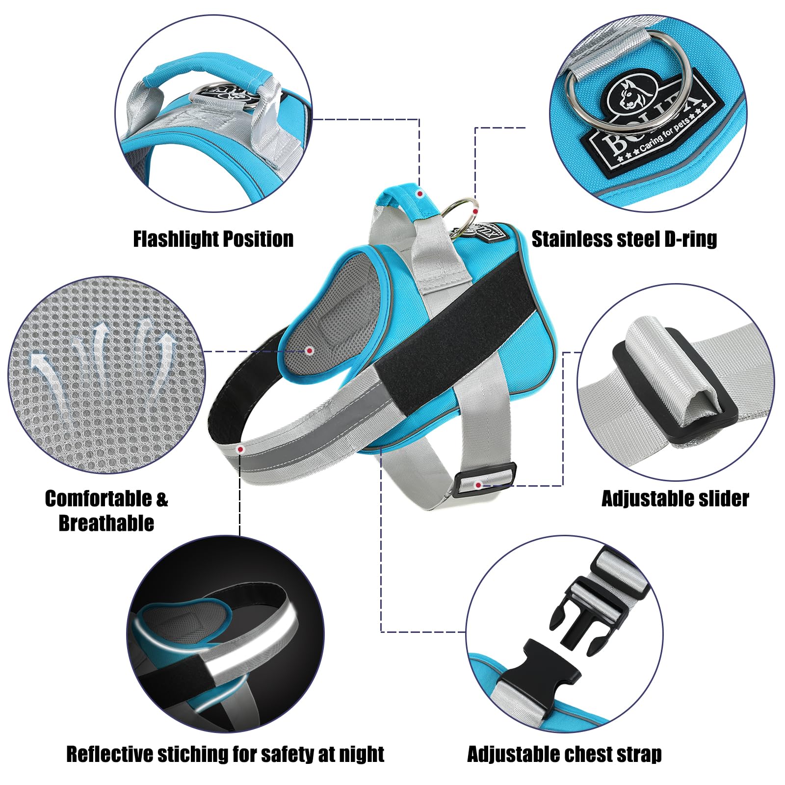 Bolux Dog Harness, No-Pull Reflective Dog Vest, Breathable Adjustable Pet Harness With Handle For Outdoor Walking - No More Pulling, Tugging Or Choking (Oceanicblue, X-Small (Pack Of 1))