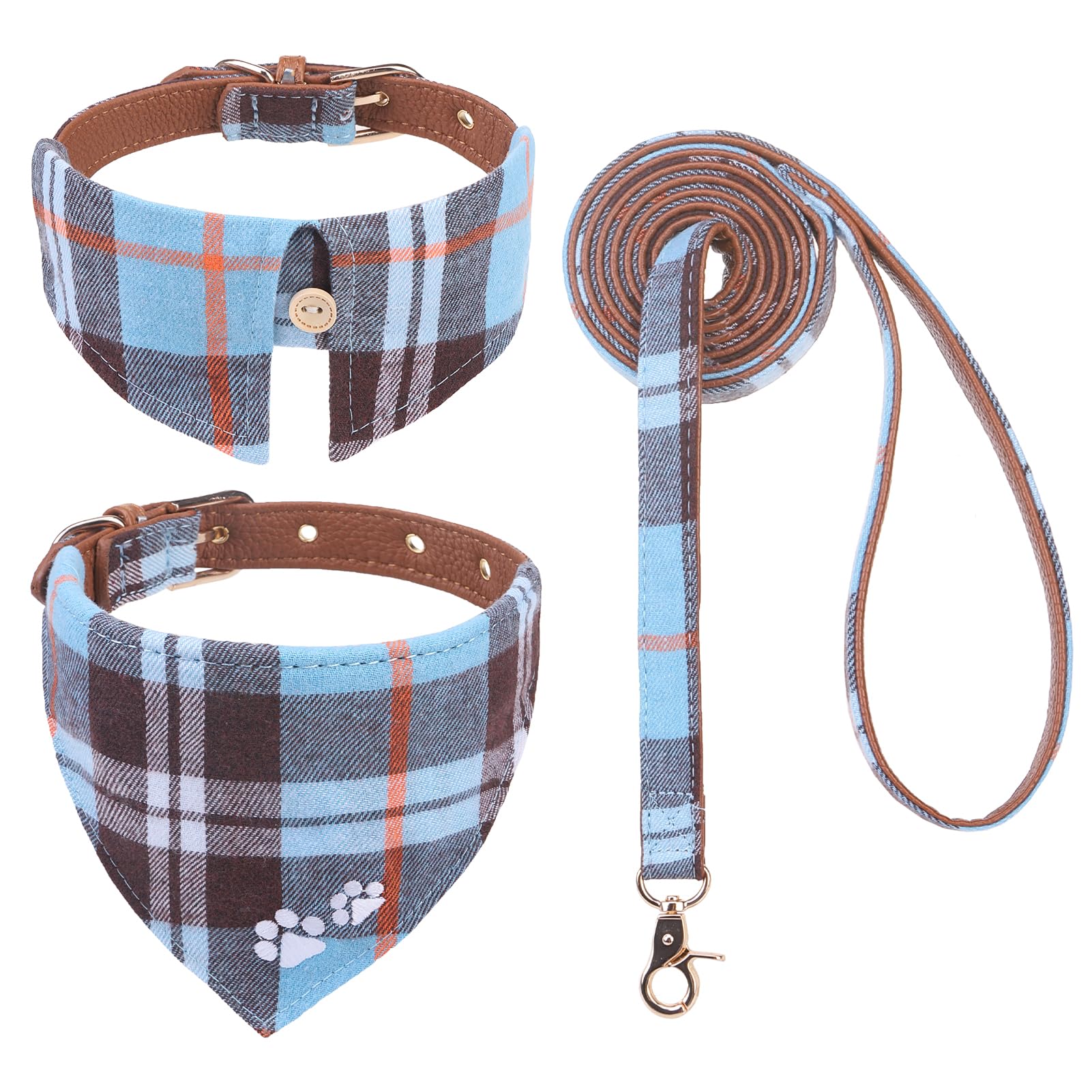 Expawlorer Dog Collar And Leash Set - Embroidery Pawprints Plaid Medium Dog Collar And Leash Set, Cute Dog Bandana Collar, Dog C