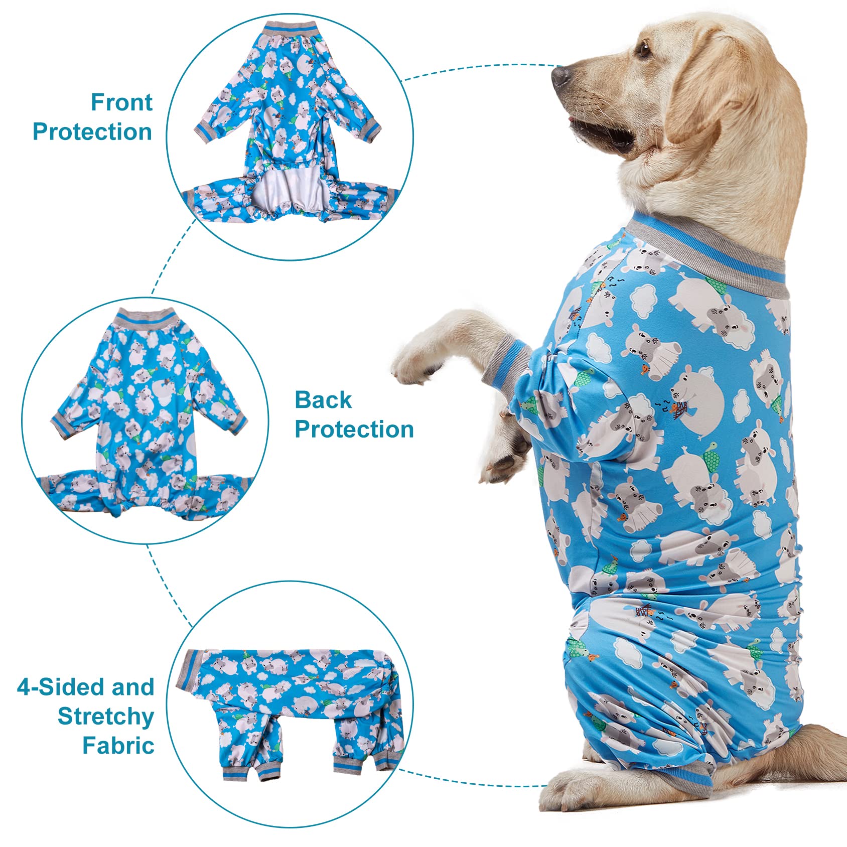 LovinPet Dog Pajamas, Cozy Pullover PJs for Large Dogs, 65% Cotton, Blue, XX-Large, Happy Hippo Print, Model LP-8JHEMAYUN