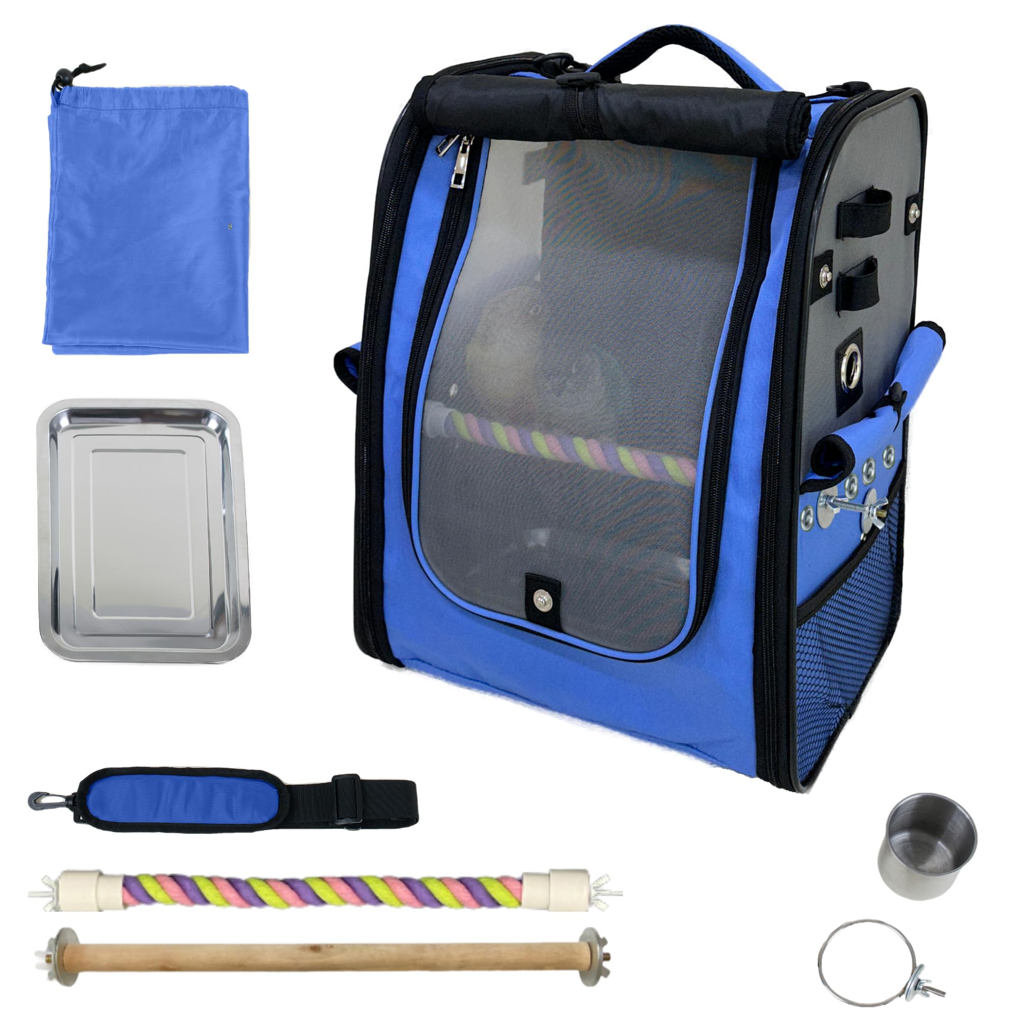 Birds Day Bird Carrier Backpack-Parrot Travel Cage with 2PCS Perch and Food Bowl, Stainless Steel Tray (Sky Blue, Small to Mediu