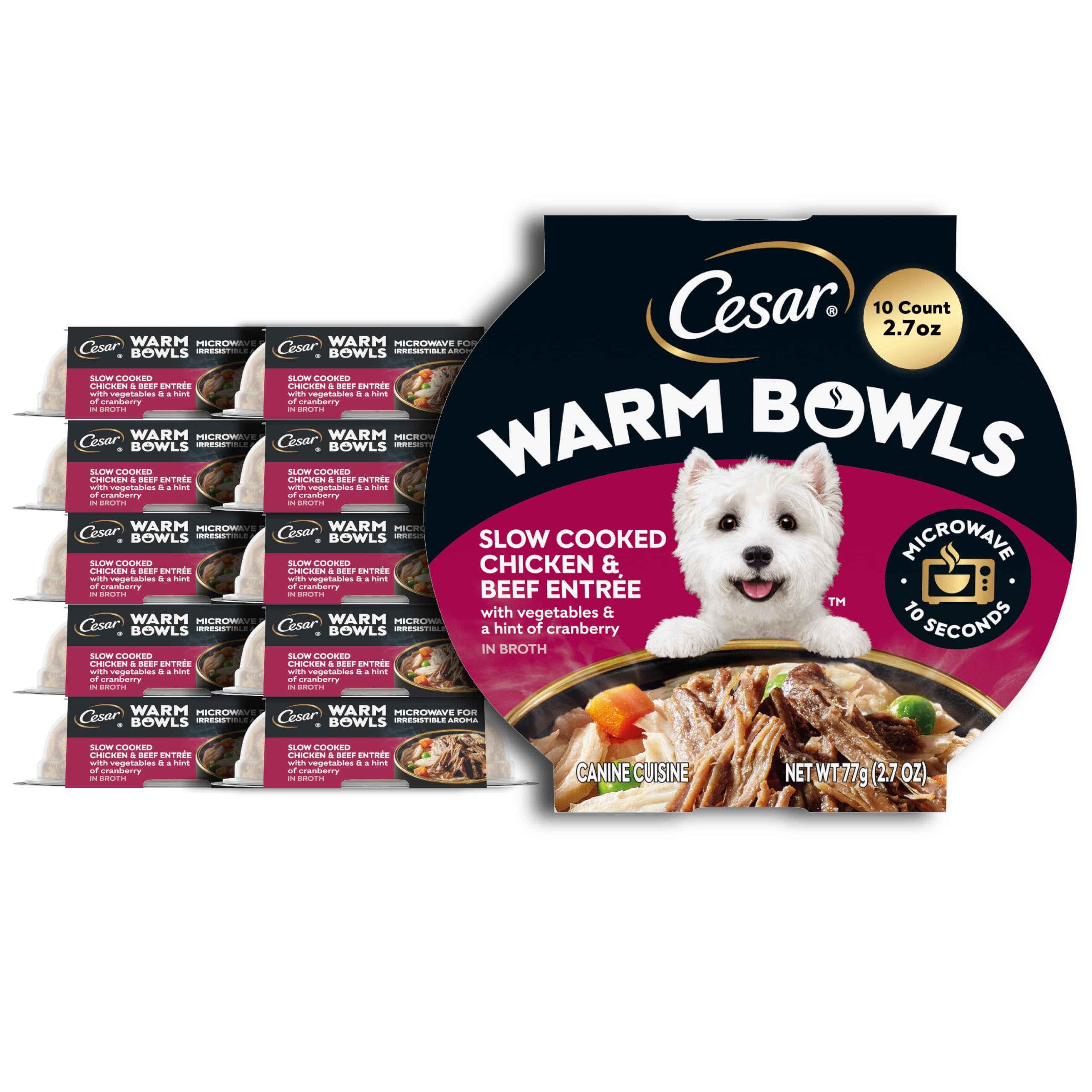 Cesar Warm Bowls Wet Dog Food Chicken & Beef Entr  e with Vegetables & a Hint of Cranberry in Broth, Wet Food for Dogs, 2.7 oz B
