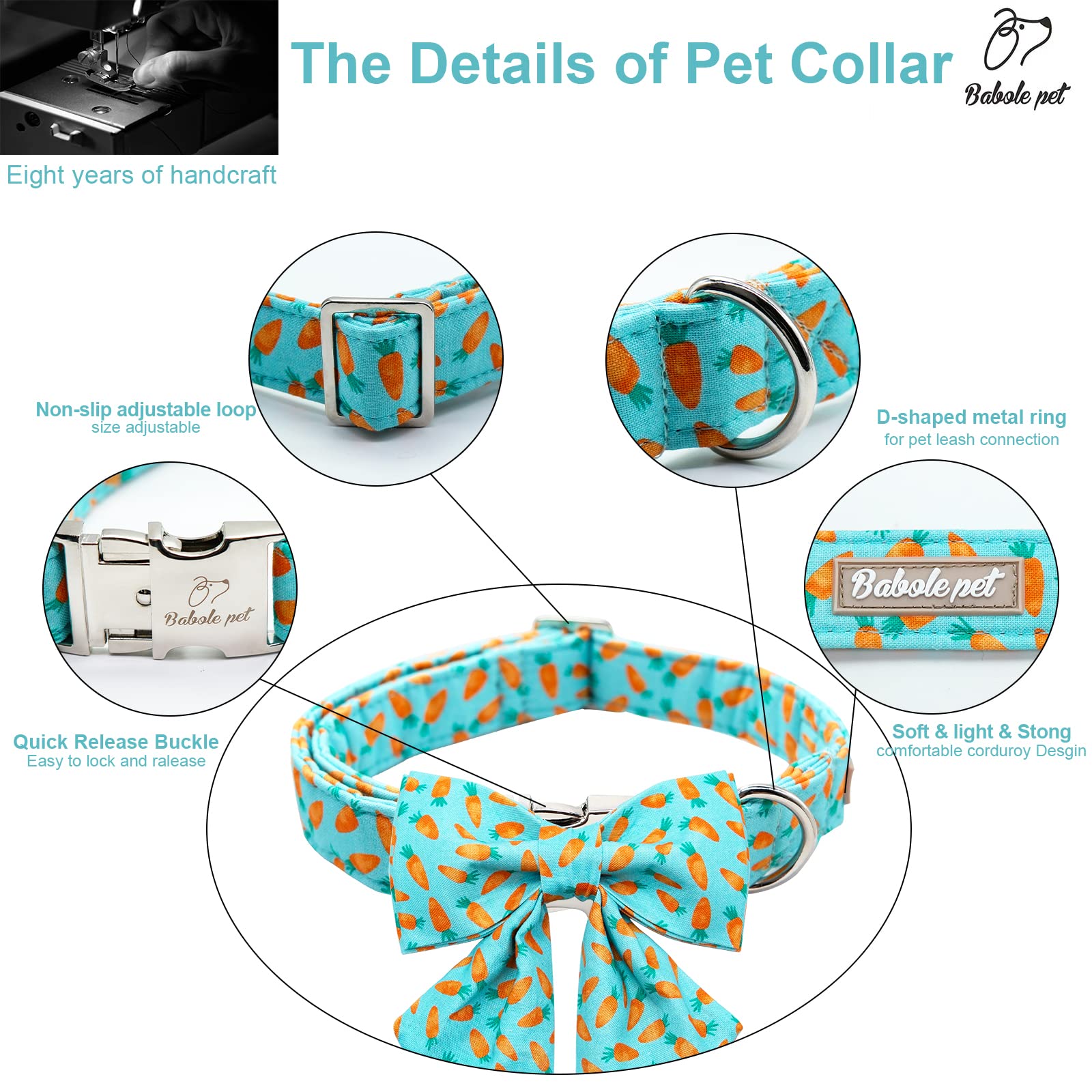 Babole Pet Dog Collar Easter Gift With Tie,Carrot Male Dog Collar With Safety Metal Buckle Adjustable Puppy Collars For Small Medium Large Boy & Girl Dog,Xs-Neck 8'-12'
