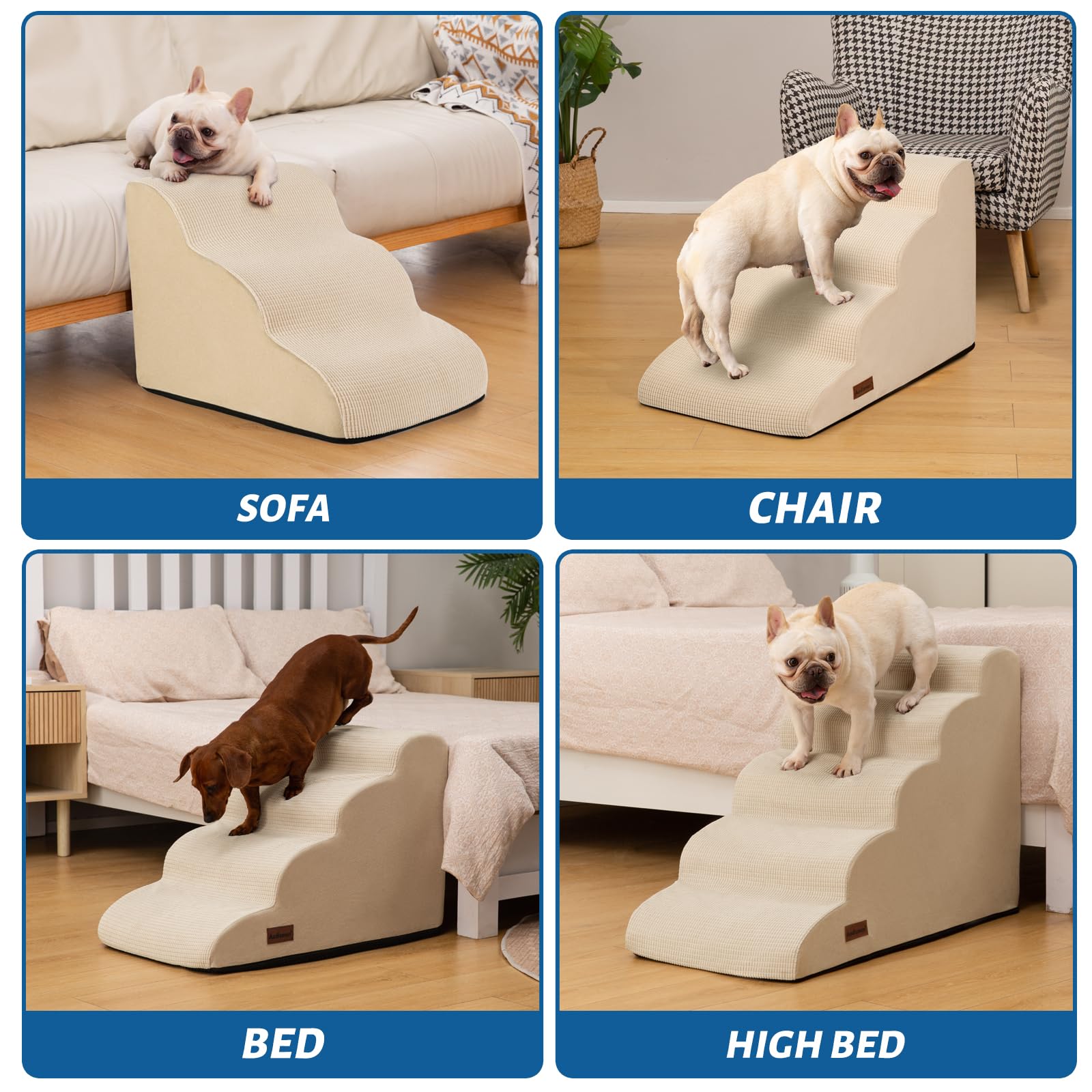 Aodisman 5-Step Dog Stairs and Ramp for High Bed,Non-Slip Sturdy Pet Steps for Small Dogs and Cats,22.2 H,Beige