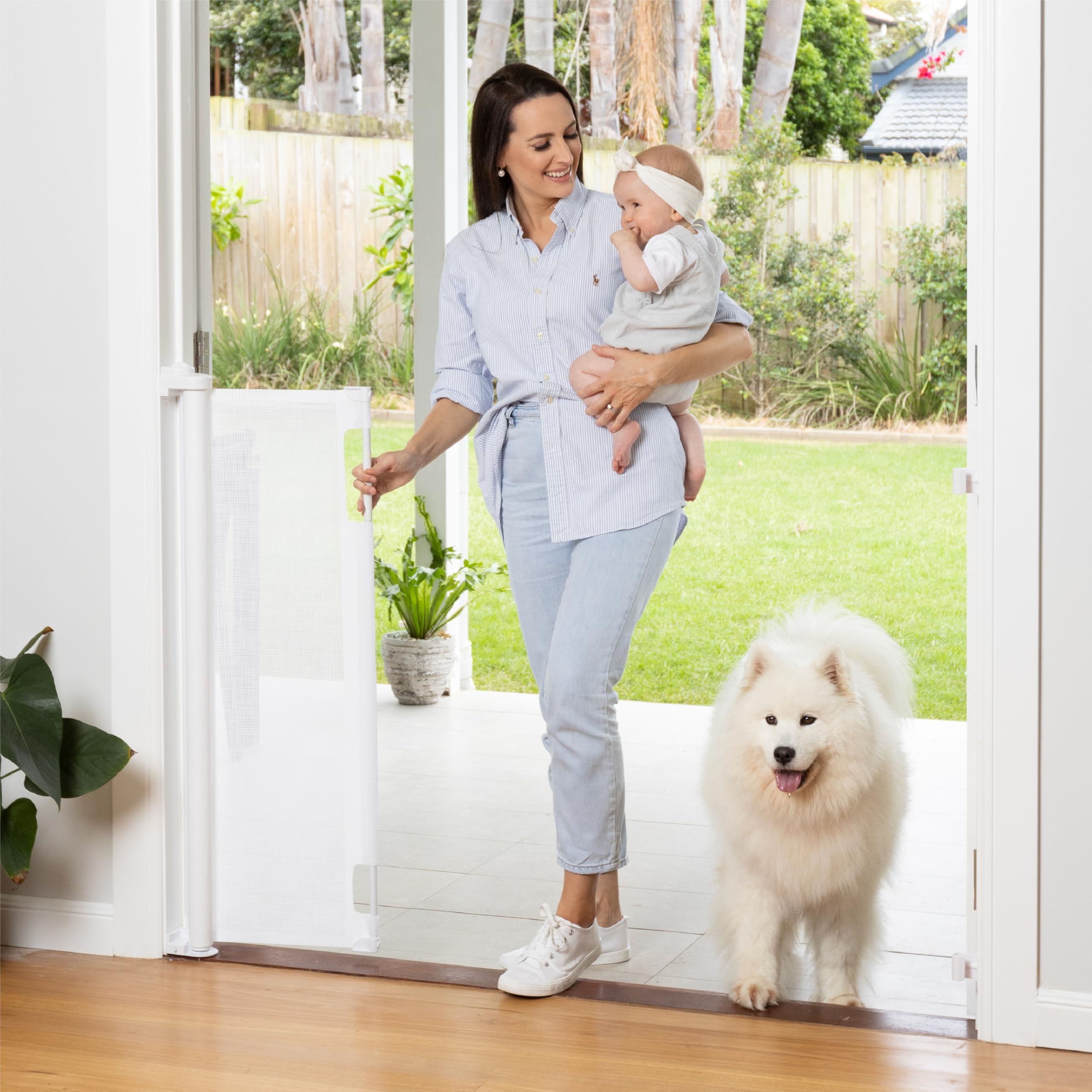 Retractable Baby Gate Perma Child Safety 41' Tall X 71” Wide, Mesh, For Stairs, Doorways, Dogs, Pets, Indoor, Outdoor, One-Handed Operation, Locking, Easy Install, Hardware Mount, White