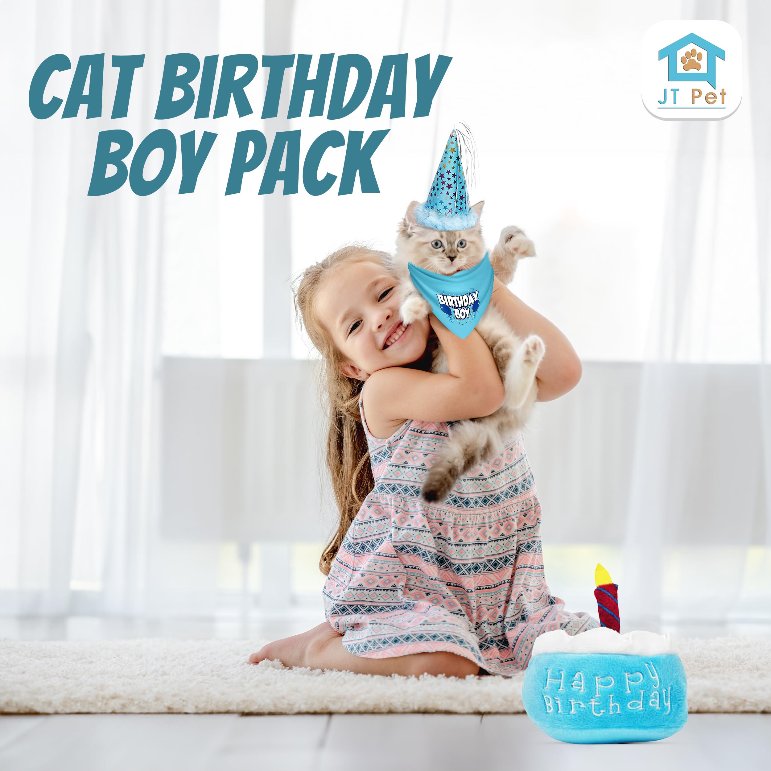 Jt Pet Cat Birthday Boy Party Pack With Bandana, Star Spangled Blue Party Hat With Adjustable Elastic, Tassels And Feathery Trim