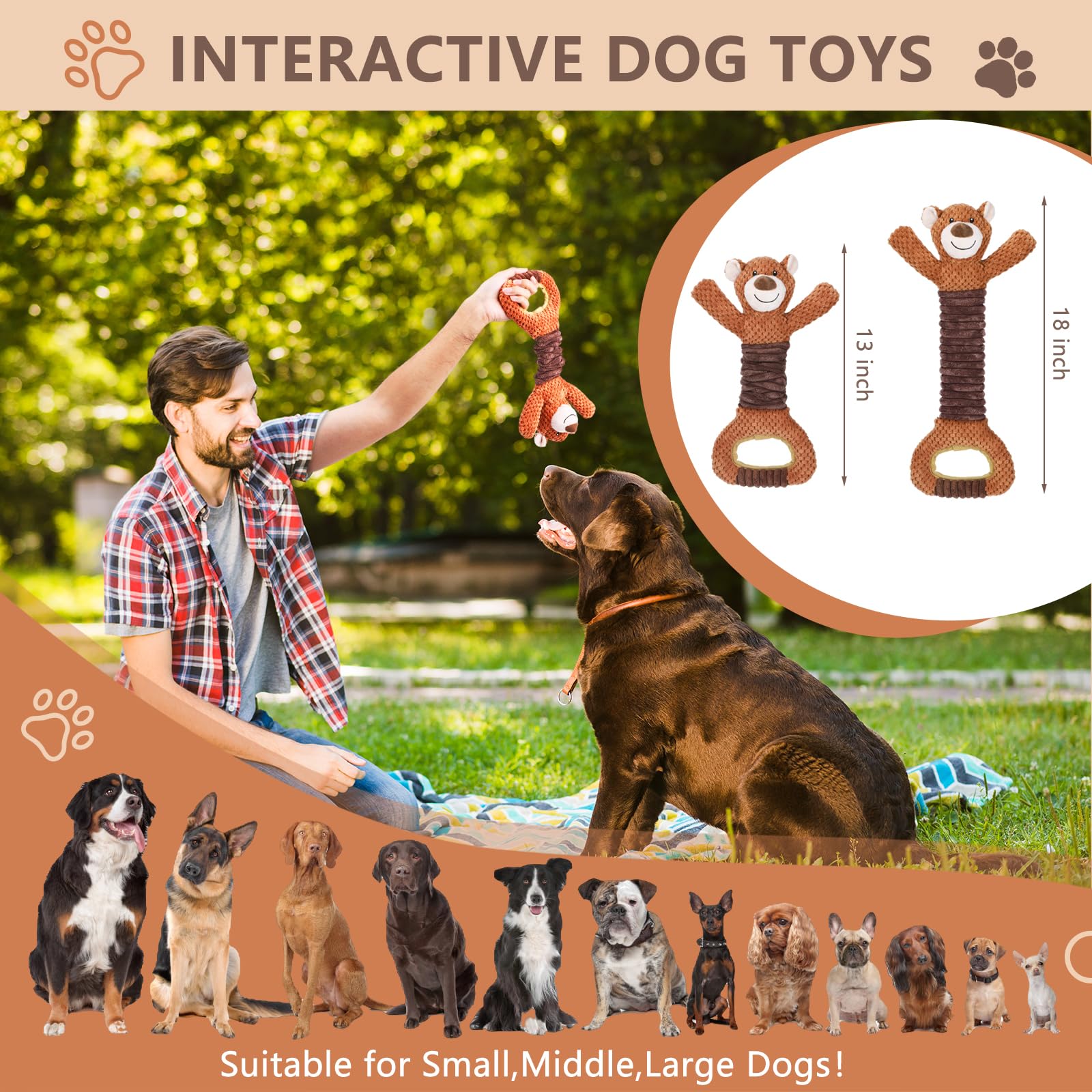 Letsmeet Squeaky Dog Toys - Plush Tug Of War With Crinkle Paper, Interactive Pull Toy For Puppies To Large Dogs
