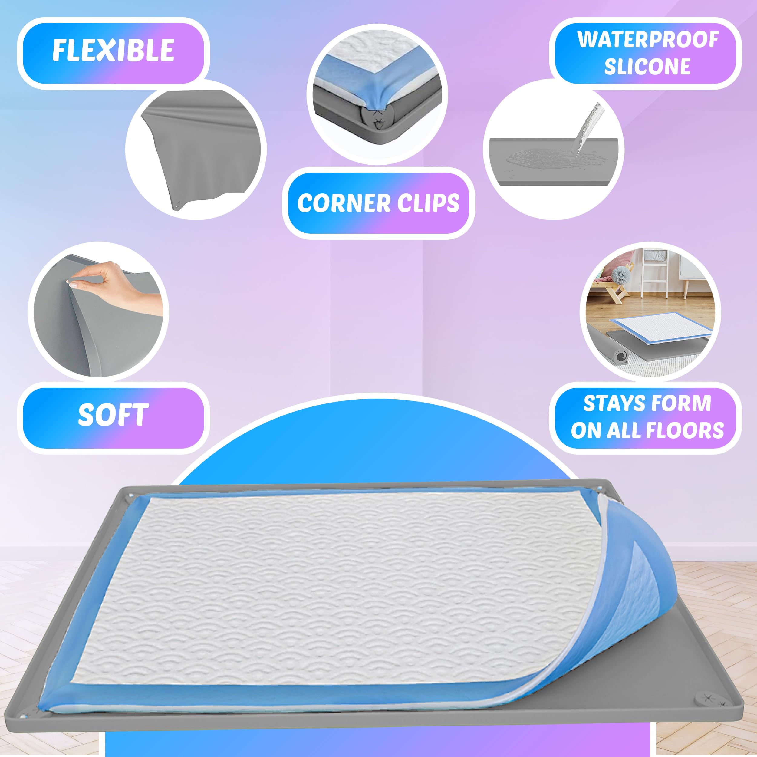 Skywin Dog Pee Pad Holder Tray - Non-Spill, Easy to Clean, 34 x 28 Inches, Light Grey, Fits 28” x 34” Pee Pads with Corner Lock Holes