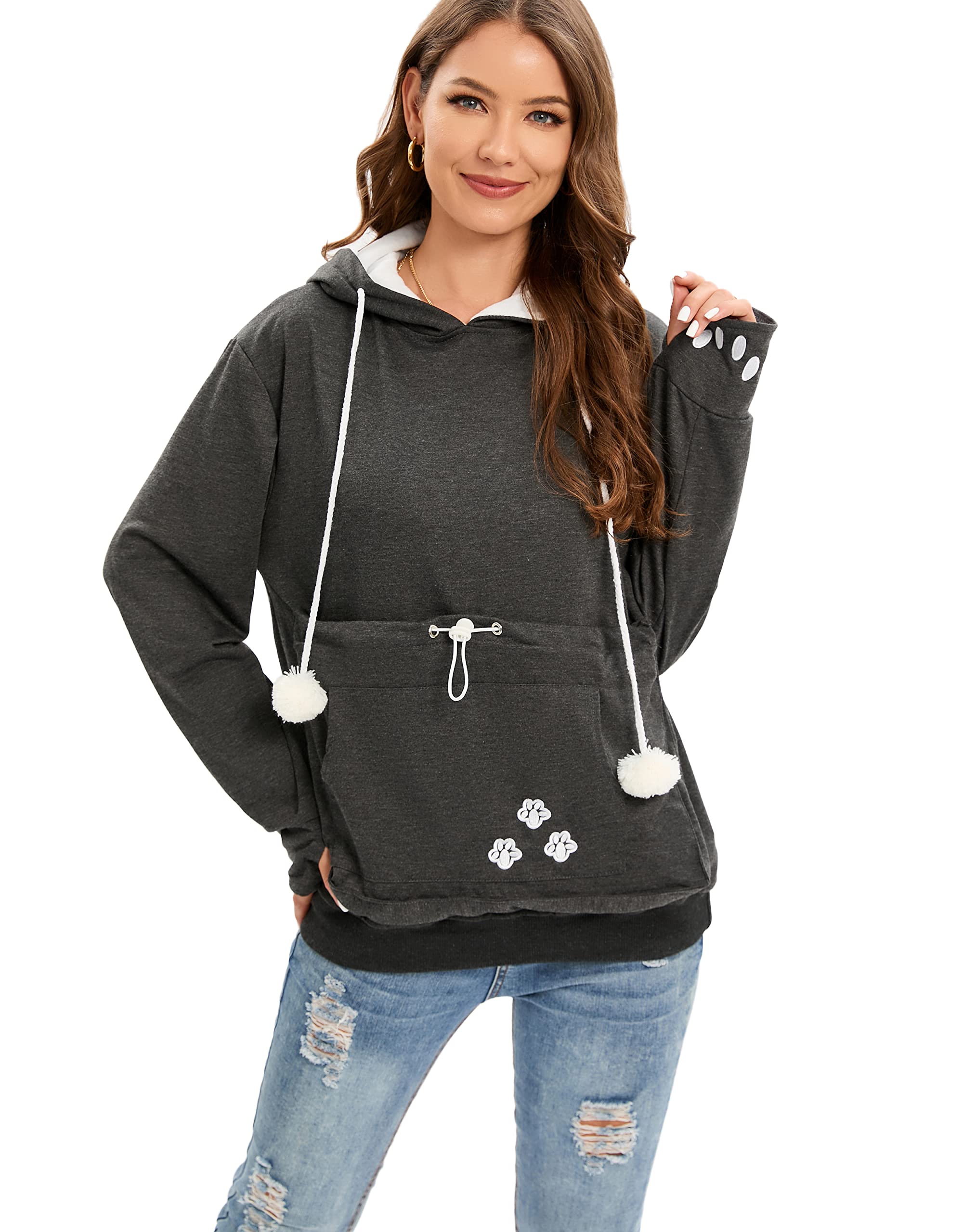 Bombaxceiba Pet Pouch Hoodie Small Pet Carrier,Dog Cat Pouch Hoodie Sweatshirt Kangaroo Pocket Holder, With Ears Women'S Fit(Deepgray,M)