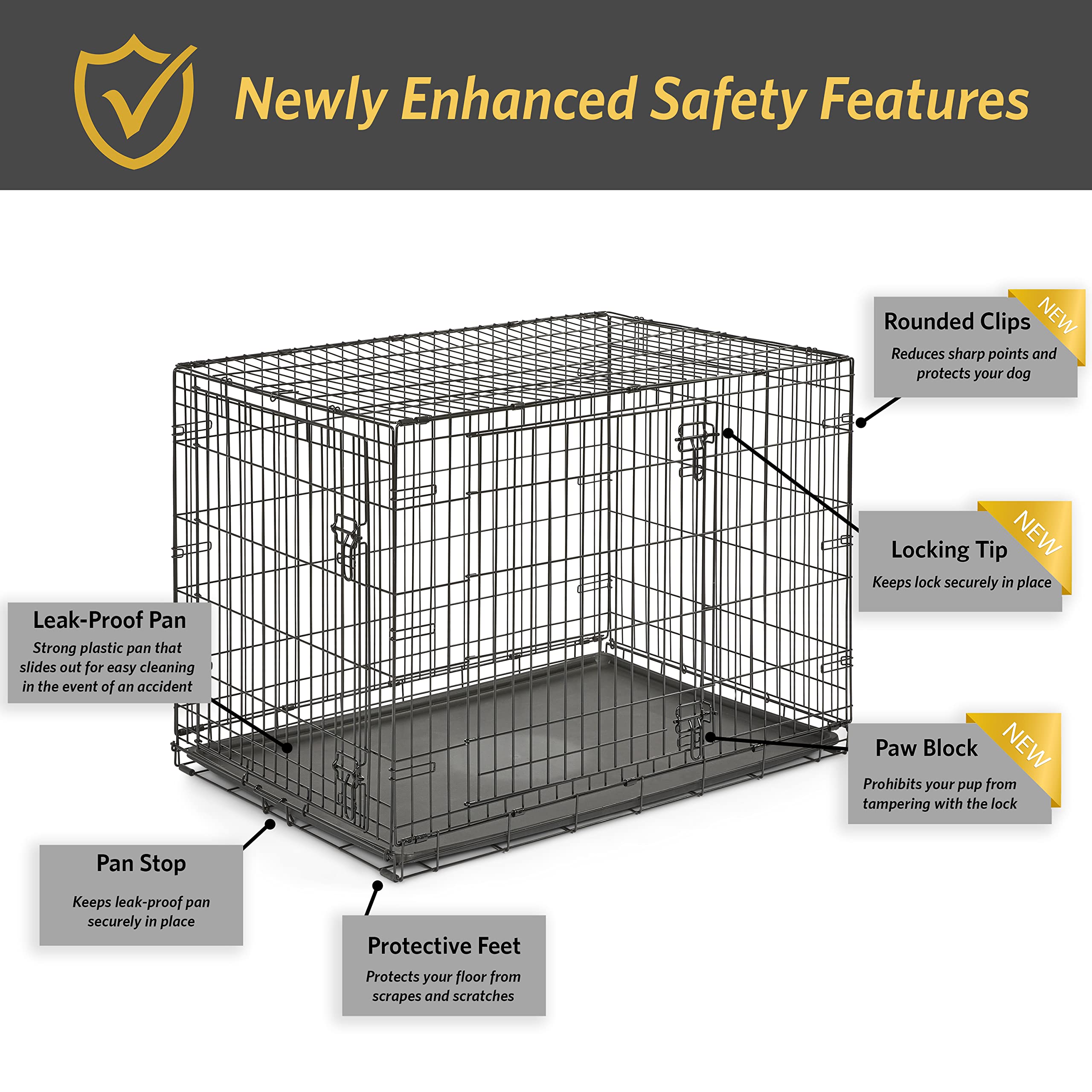 New World Pet Products Dog Crate, 42" L x 28" W x 31" H, Black, Double Door, Leak-Proof Pan, Model B42DD, Enhanced Features