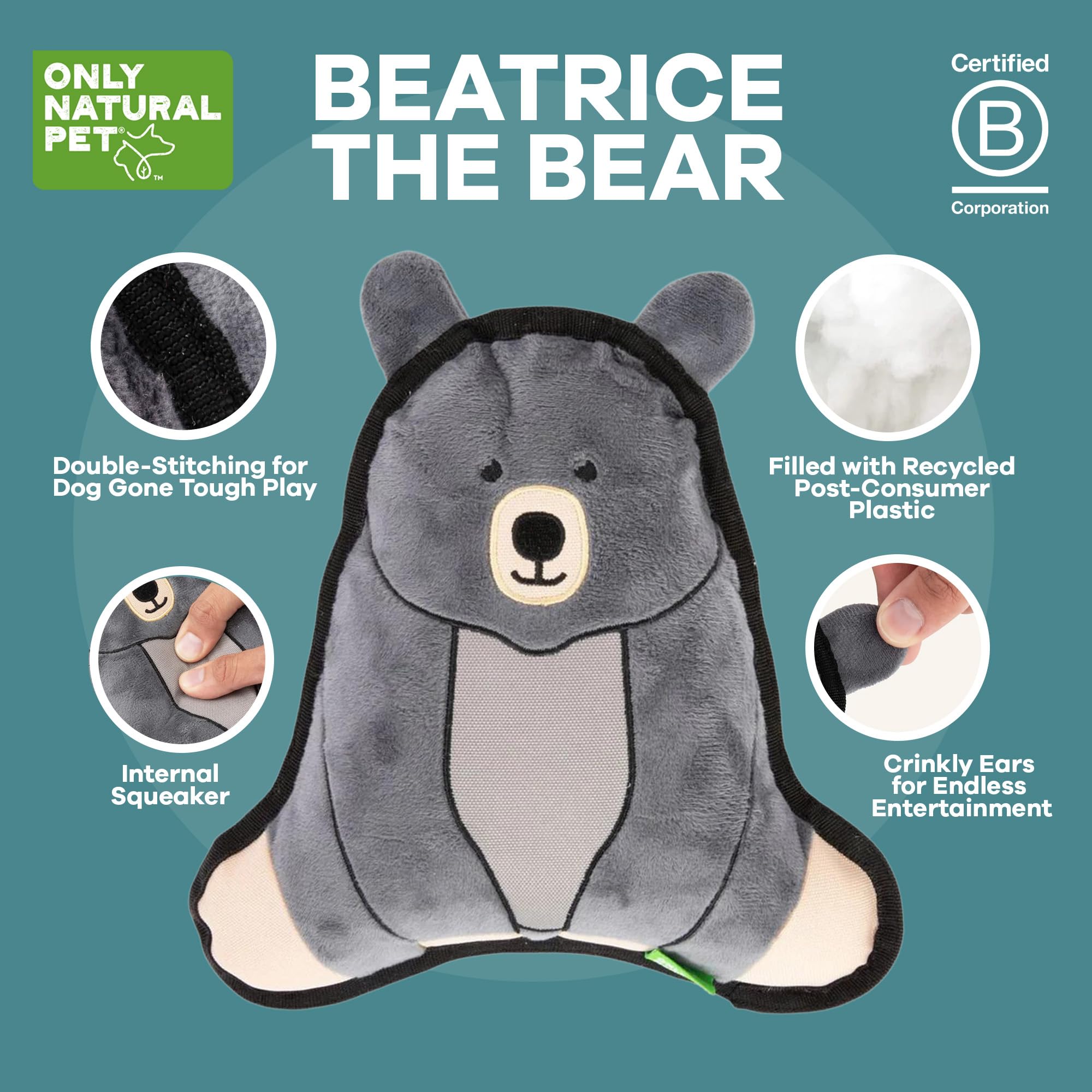 Only Natural Pet Mountain Friends Recycled Plush Dog Toys - Durable Double-Stitched Design with Internal Squeaker & Crinkly Ears