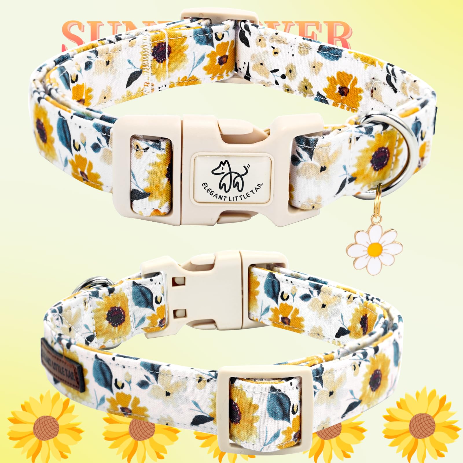 Elegant Little Tail Dog Collar,Sunflower Pattern Pet Collar Cute Durable Spring Female Or Male Adjustable Cotton Pet Collar With