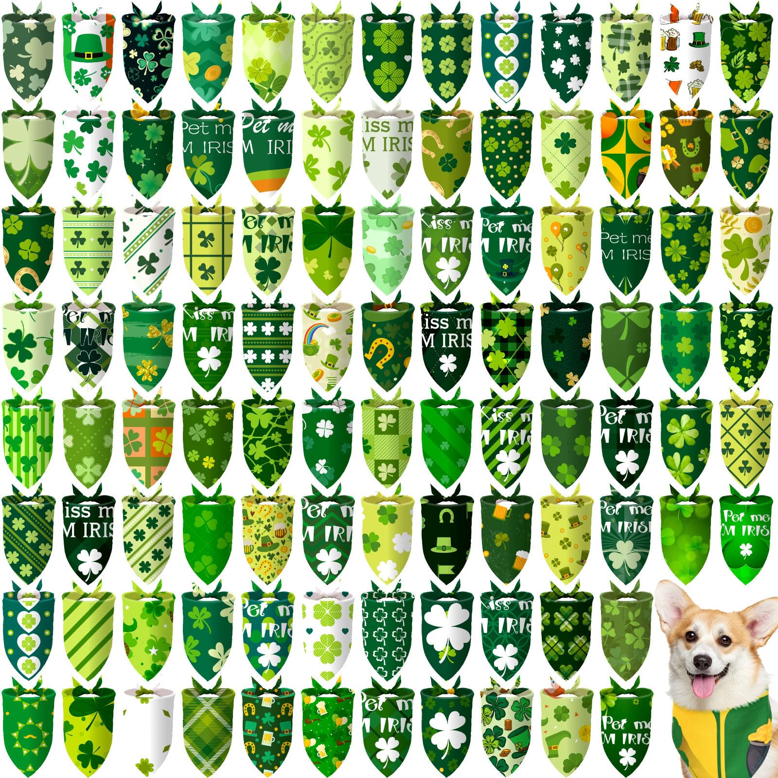 Huhumy 100 Pcs St. Patrick's Day Dog Bandanas Irish Pet Bandanas Bulk Holiday Green Four Leaf Clover Triangle Pet Bibs Scarf for